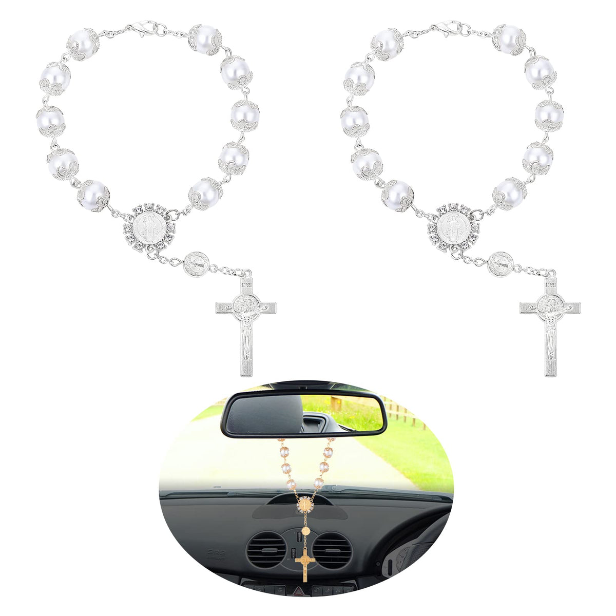 Cobee Car Rosary for Rearview Mirror, 2 Pieces Car Mirror - Product Imagery