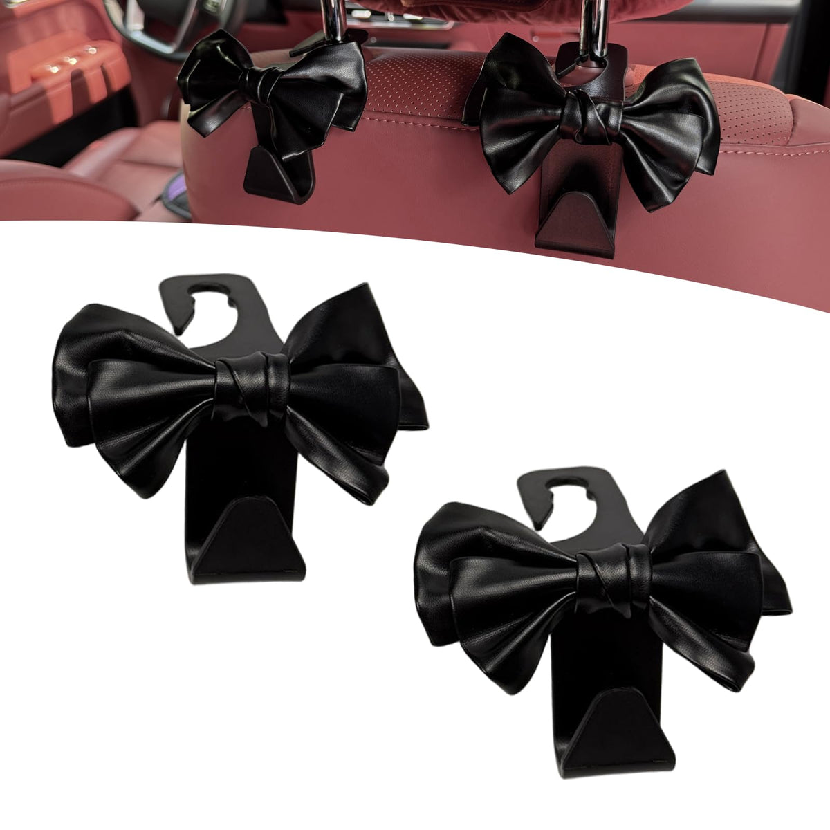 2PCS Car Seat Headrest Hooks, Cute Bow Car Purse Hook, Leather - Product Imagery