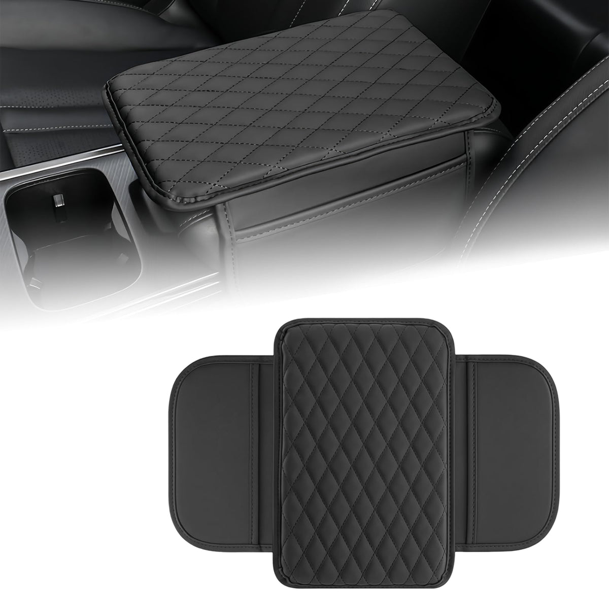 Car Center Console Cover, Leather Car Arm Rest Cushion with 2 - Product Imagery