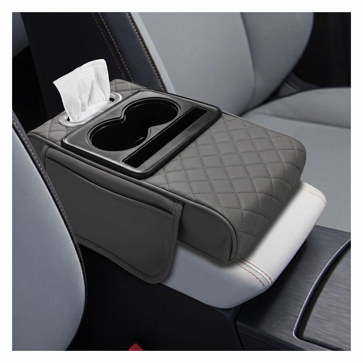 Leather Car Center Console Cover, Armrest Booster Cushion, Grey - Product Imagery