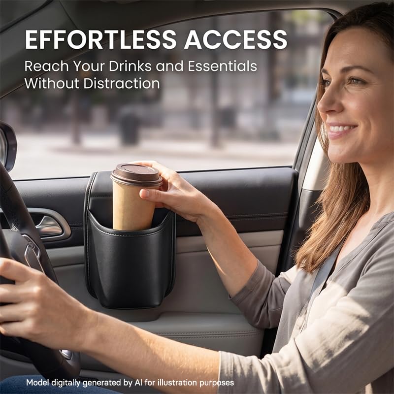 Leather Car Door Cup Holder Organizer for Drinks and Phones，Black - Product Imagery