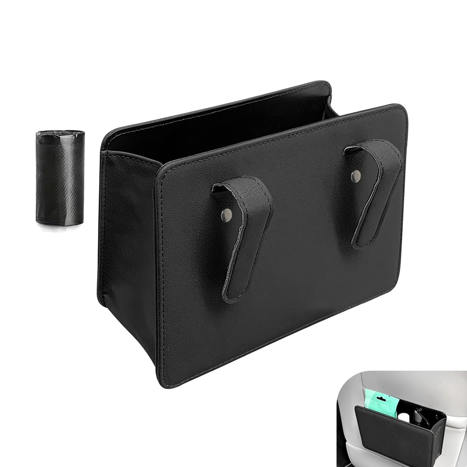Car Trash Can,Leather Vehicle Trash Bin with 1 Roll Trash Bag, - Product Imagery