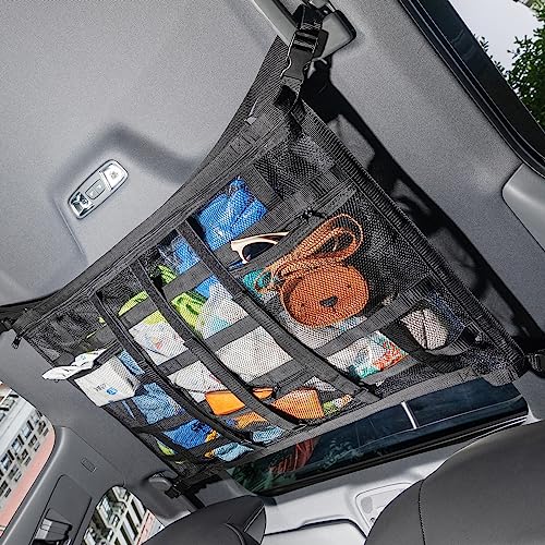 Car Ceiling Cargo Net with 3 Pockets,31.5"x21.6" Car Overhead - Product Imagery