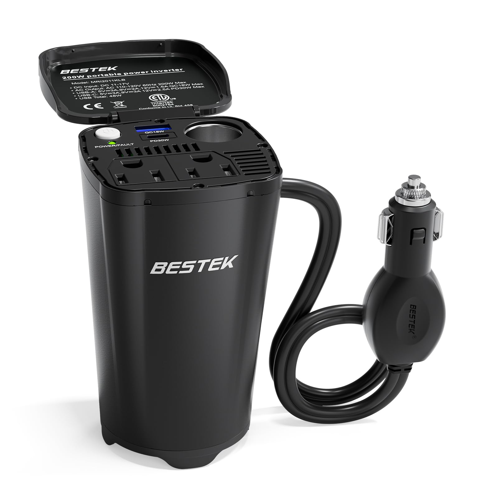 BESTEK 200W Power Inverter 12V DC to 110V AC Car Plug Adapter - Product Imagery