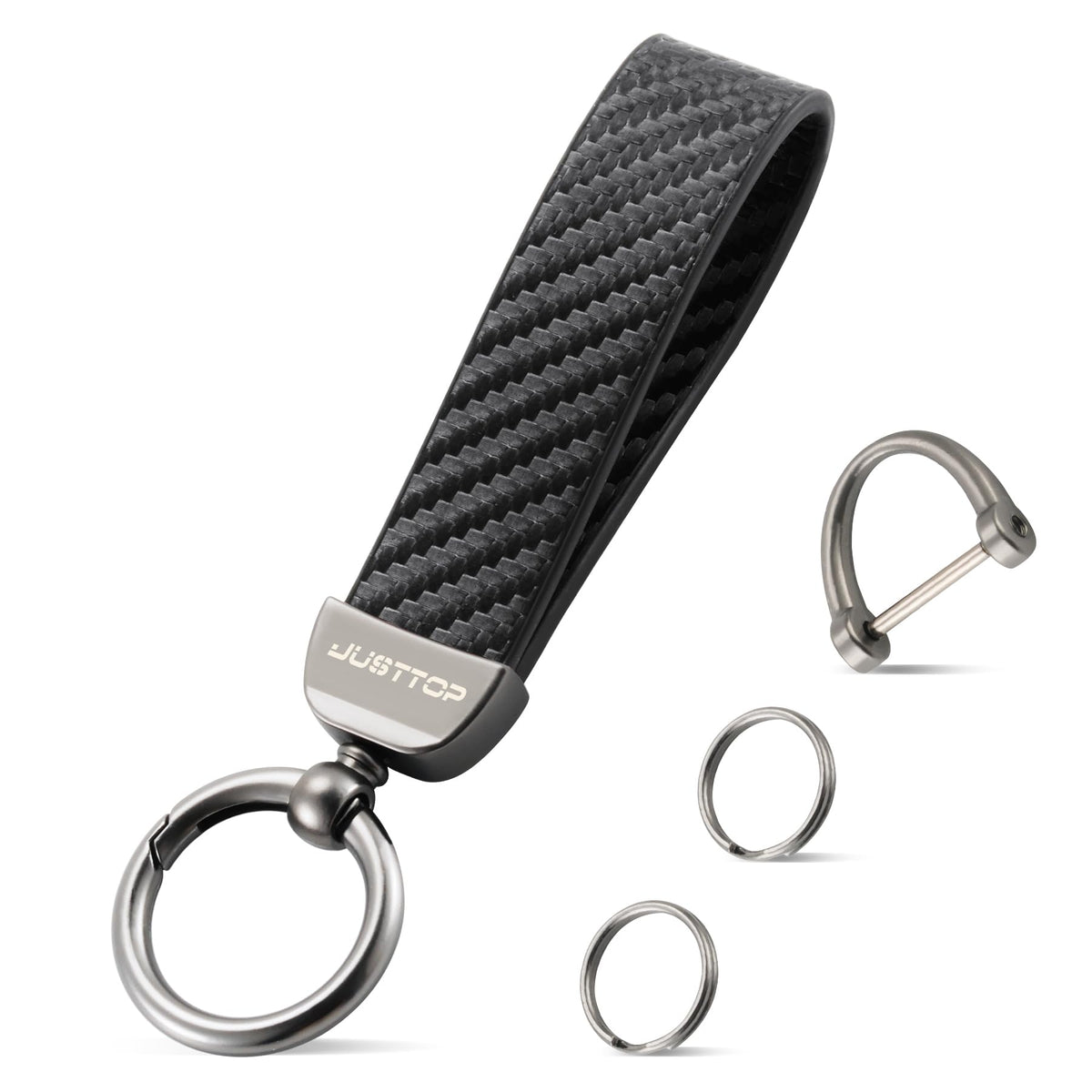 JUSTTOP Leather Keychain, Carbon Fiber Car Key Chain with - Product Imagery