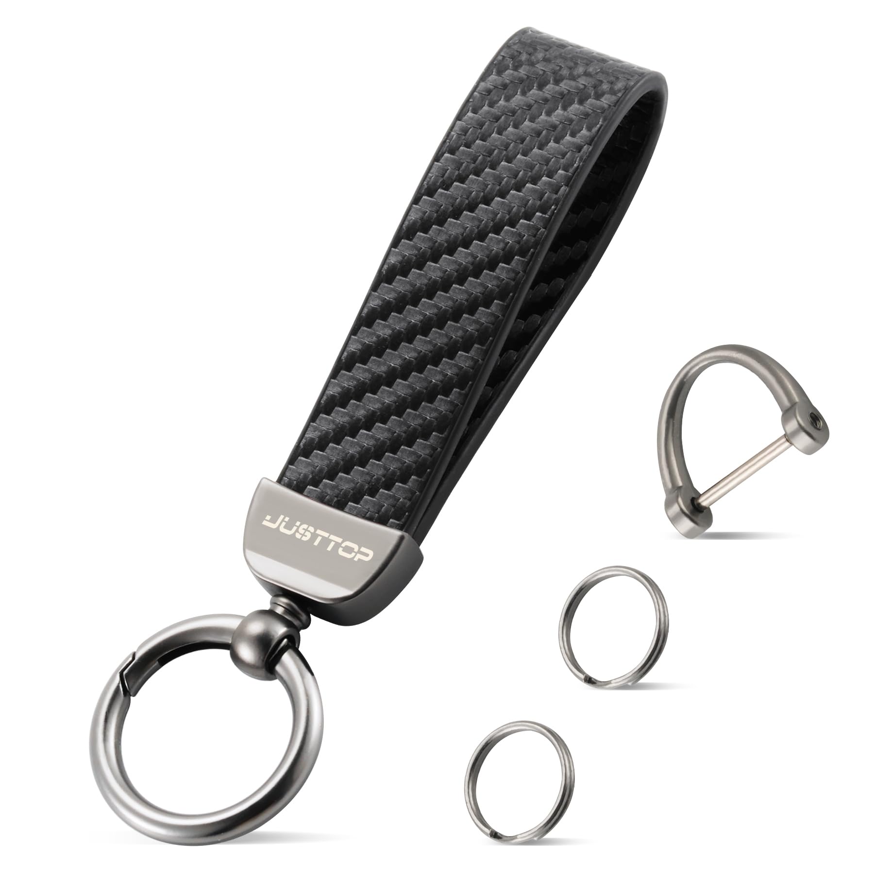 JUSTTOP Leather Keychain, Carbon Fiber Car Key Chain with - Product Imagery