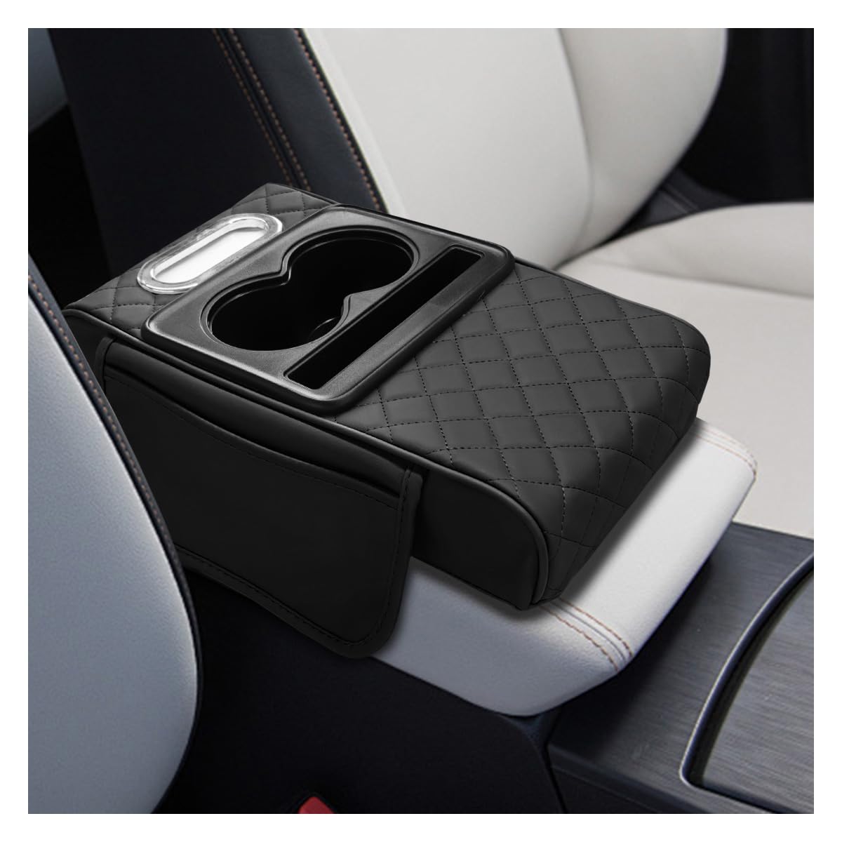 Leather Car Center Console Cover, Armrest Booster Cushion, Black - Product Imagery