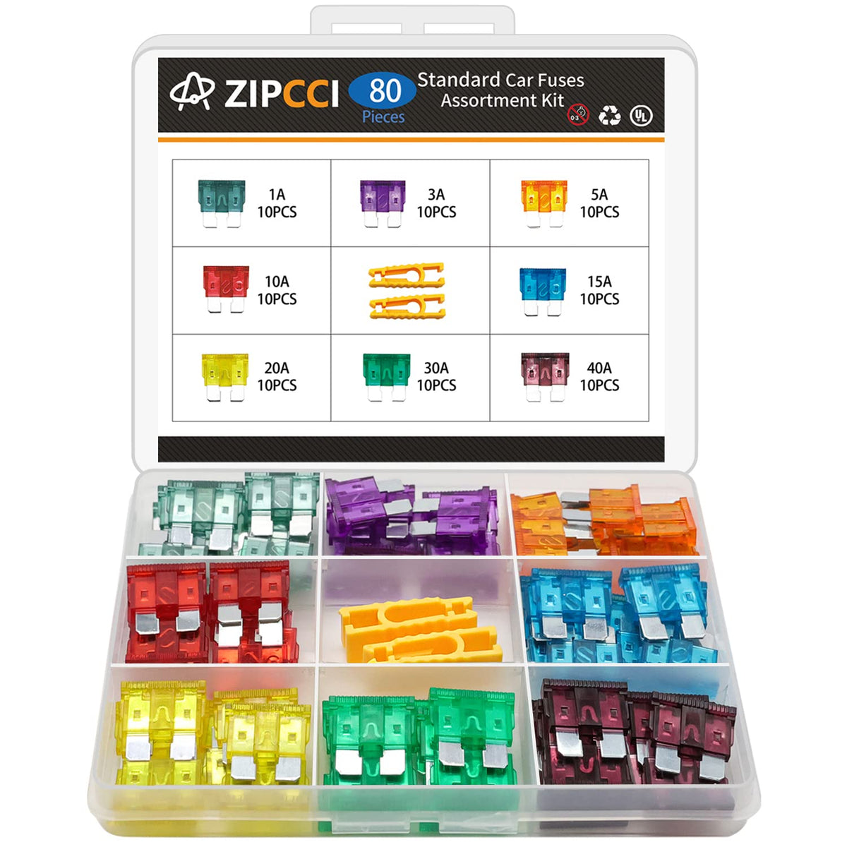 ZIPCCI 80 Pcs Standard Car Fuse, Fuses Assortment - Product Imagery