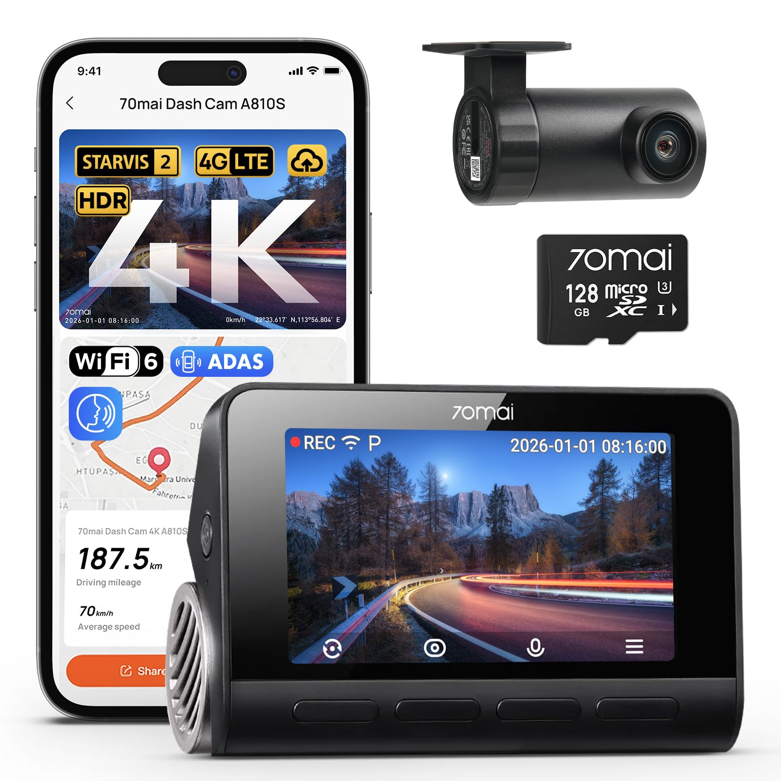 70mai 4K Dash Cam Front and Rear, 4K+1080P Dual STARVIS 2 Car - Product Imagery