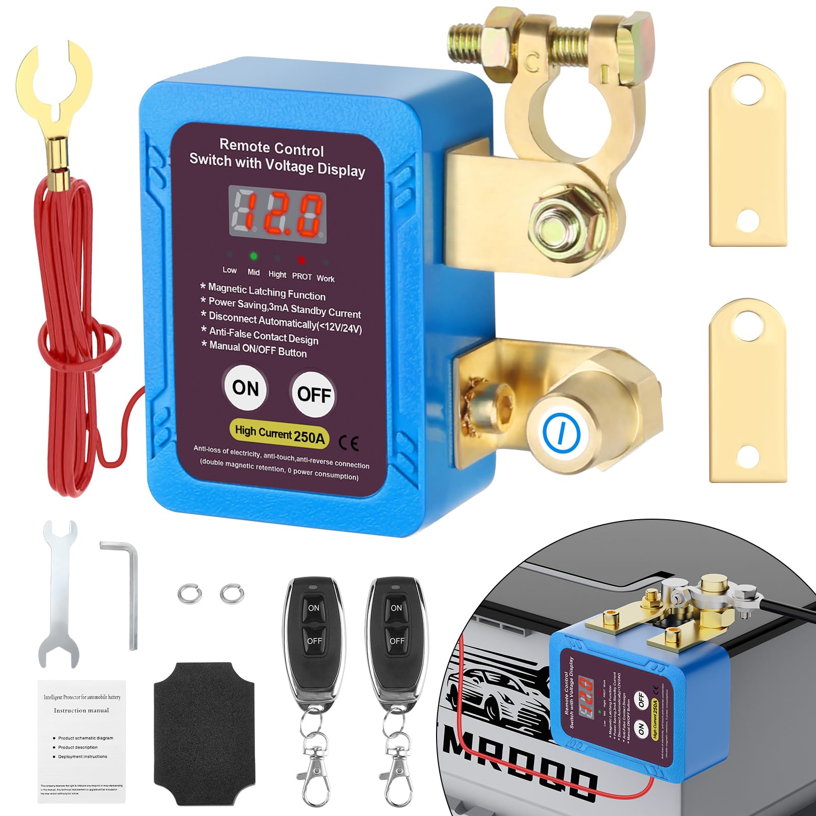 250A 12V Remote Battery Disconnect Switch with Voltage Display - Product Imagery