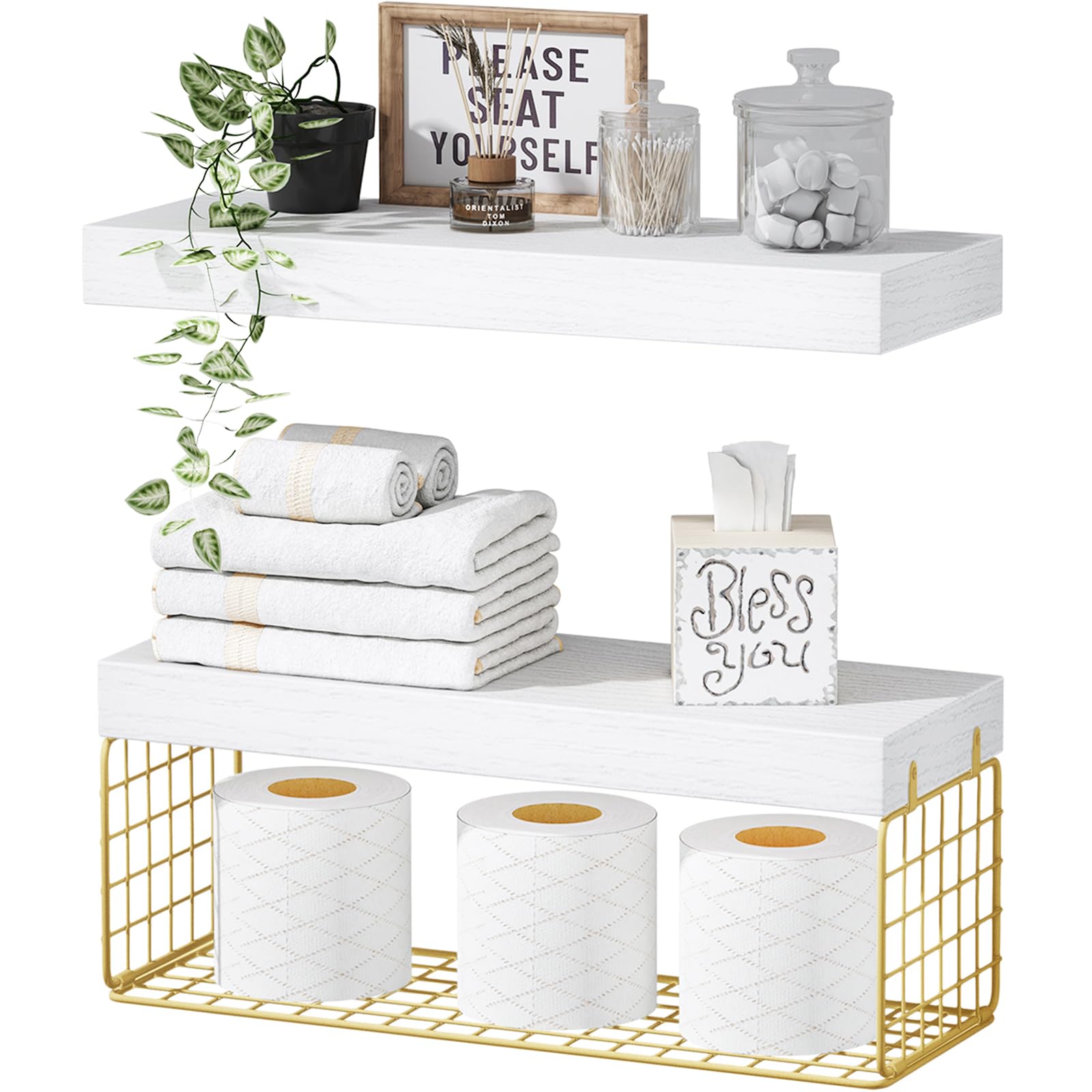 QEEIG Bathroom Shelves Over Toilet Wall (White and Gold, Set of - Product Imagery