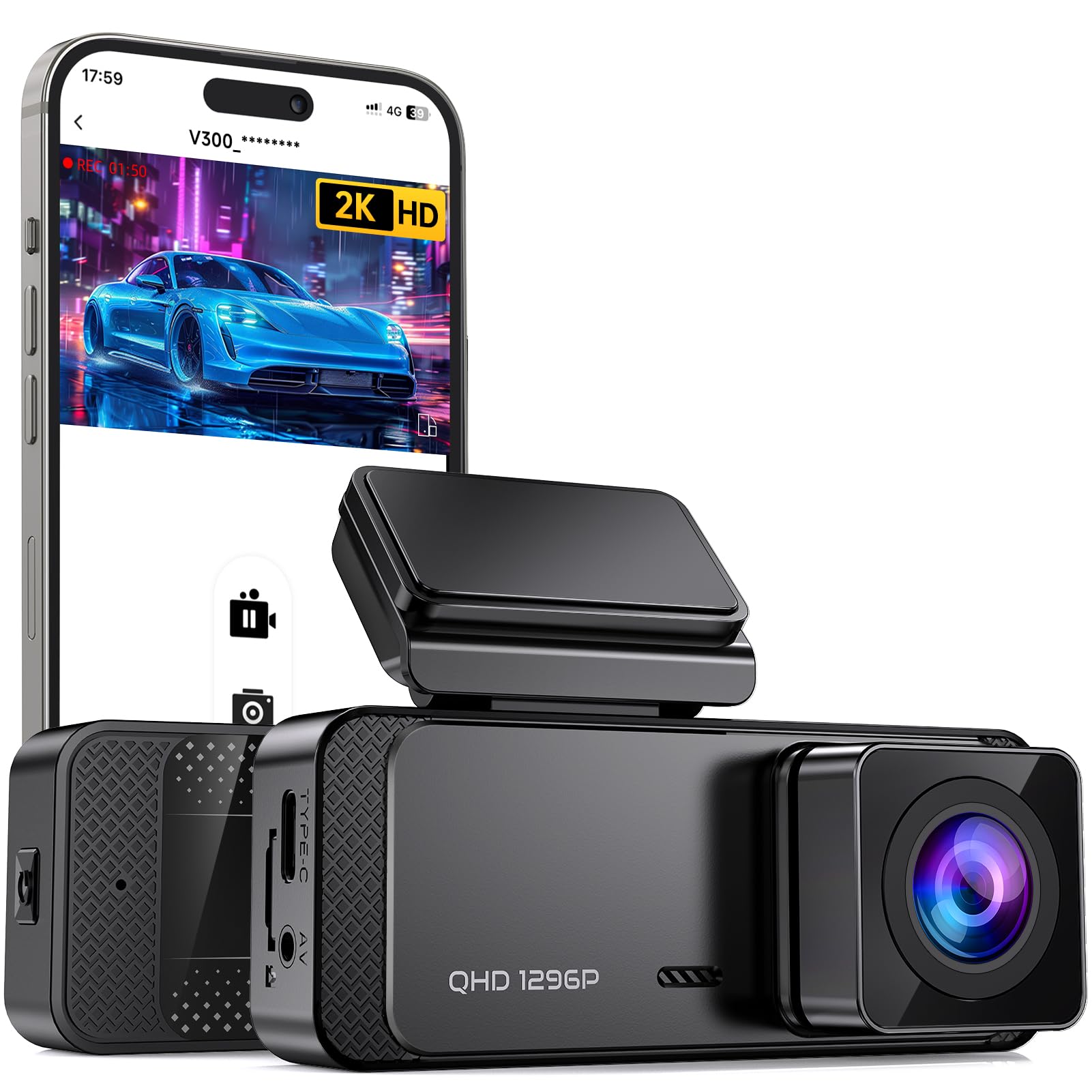 Veement 1296P Dash Cam Front, WiFi Dash Camera for Cars with App - Product Imagery