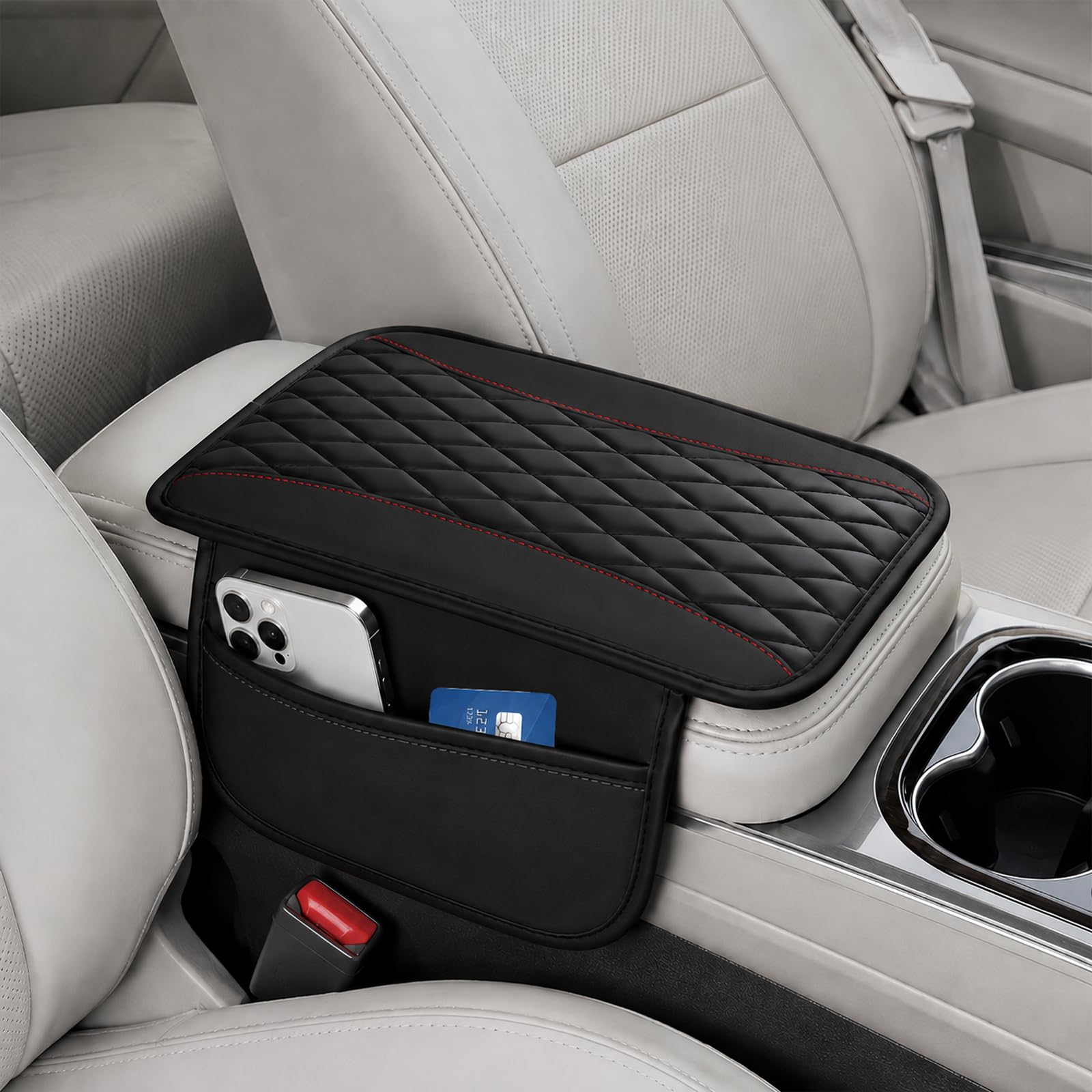 Leather Car Center Console Cover with 2 Storage Bags, Black - Product Imagery