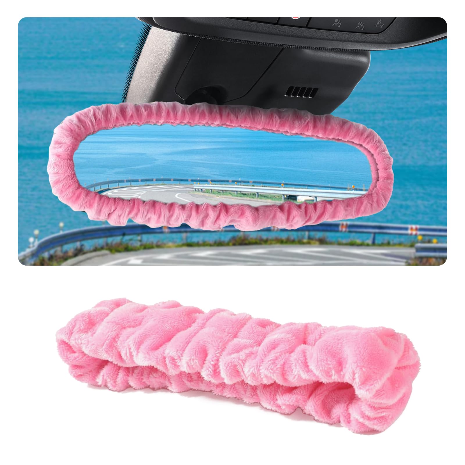 Car Rearview Mirror Cover, Pink Plush Elasticity Rear View - Product Imagery