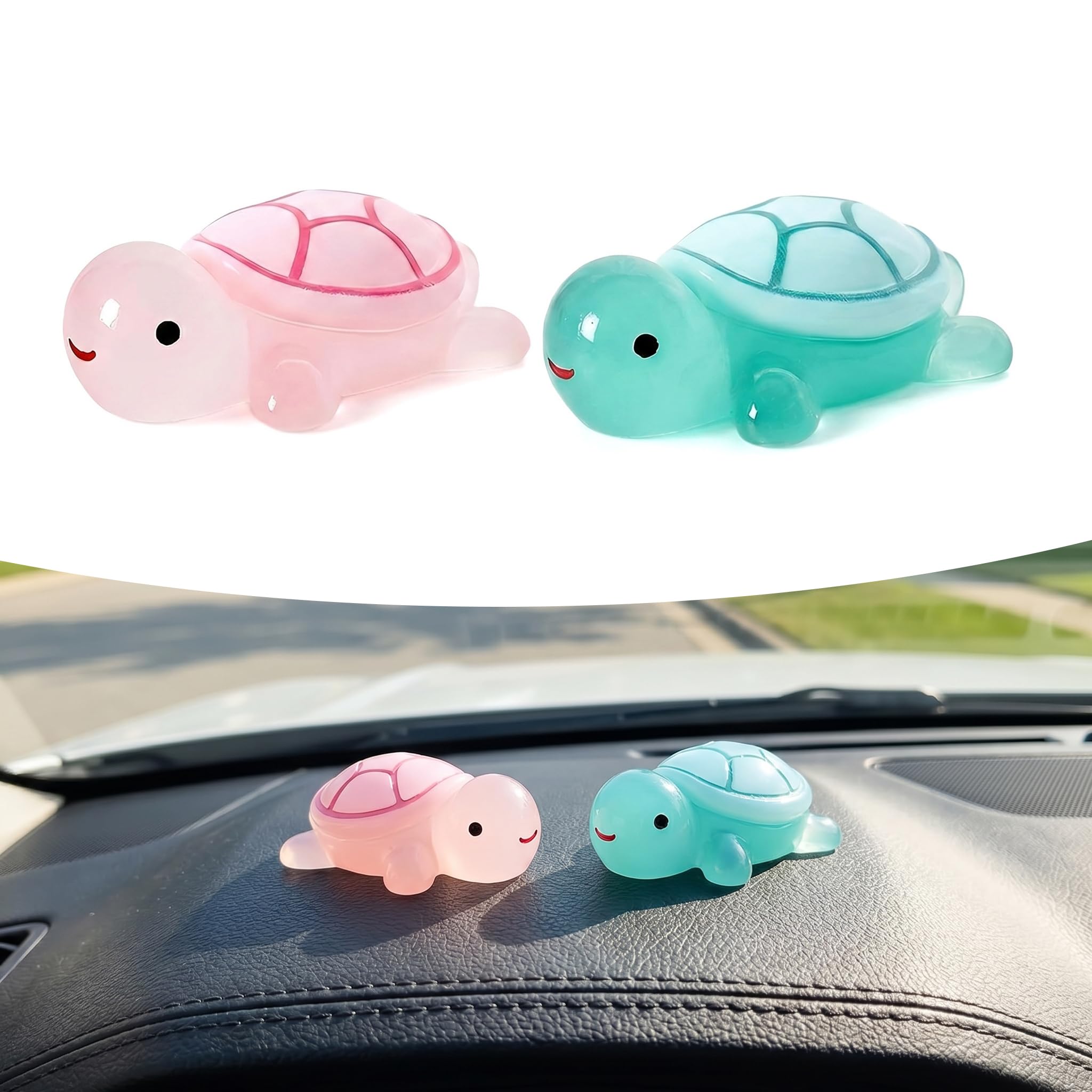 2PCS Cute Tortoise Car Dashboard Ornament, Luminous Mini Turtle - Product Imagery