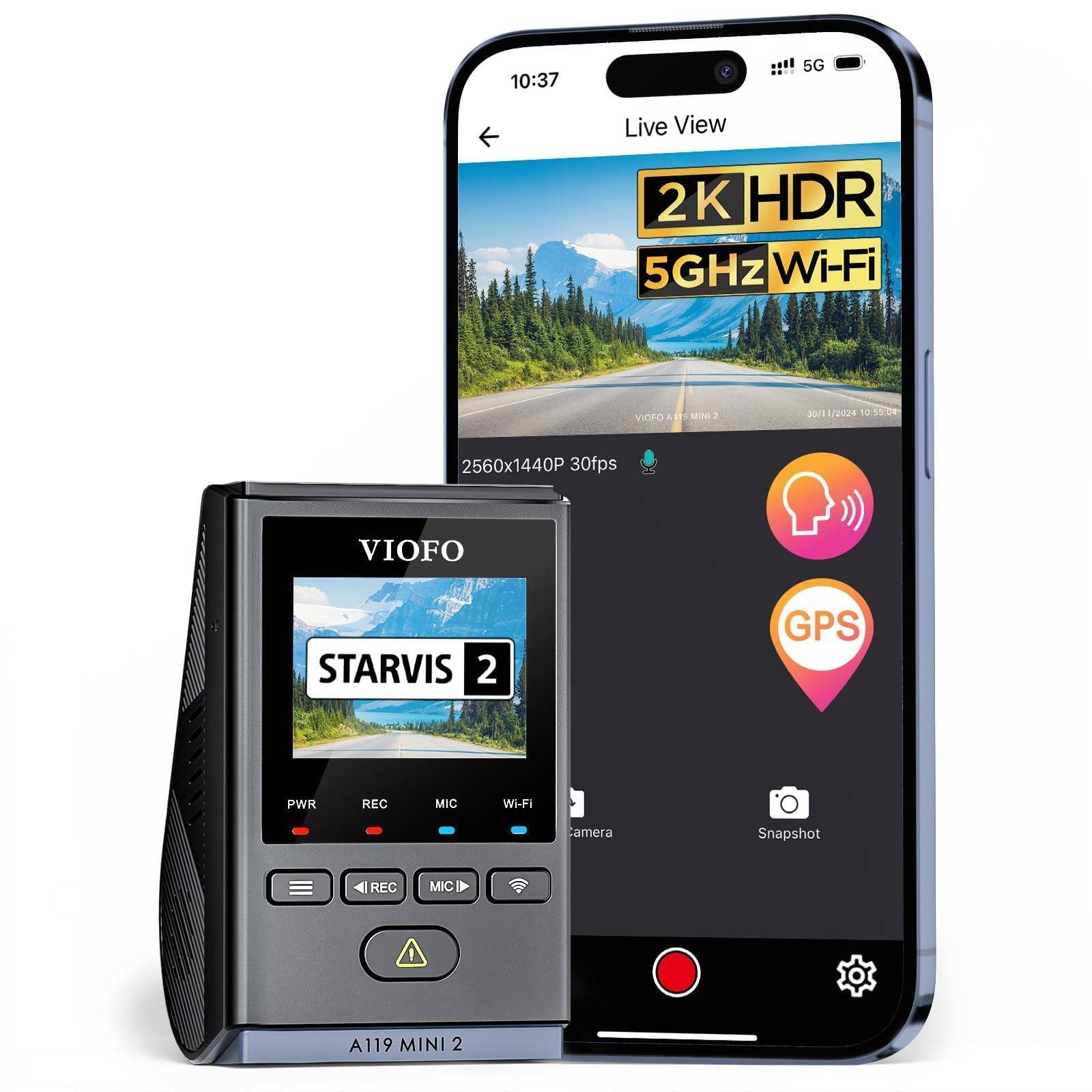 VIOFO Dash Cam Front A119 Mini 2, STARVIS 2 Sensor, 2K 60fps Car - Product Imagery