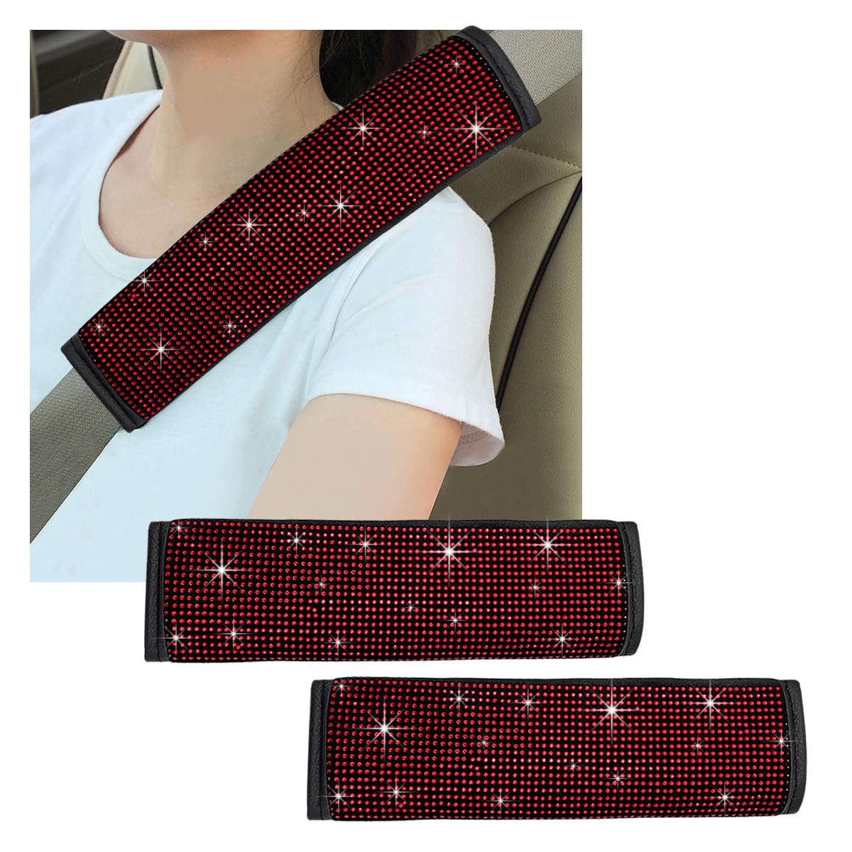 2 PCS Bling Car Seat Belt Cover, Sparkle Leather Seat Belt Pads - Product Imagery