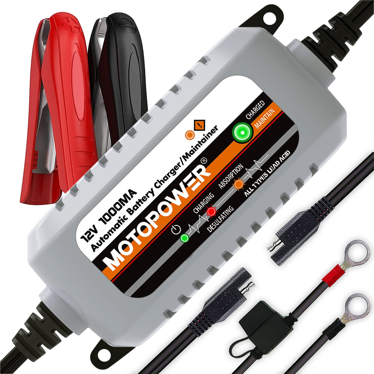 MOTOPOWER MP00205B 12V 1000mA Automatic Battery Charger, Battery - Product Imagery