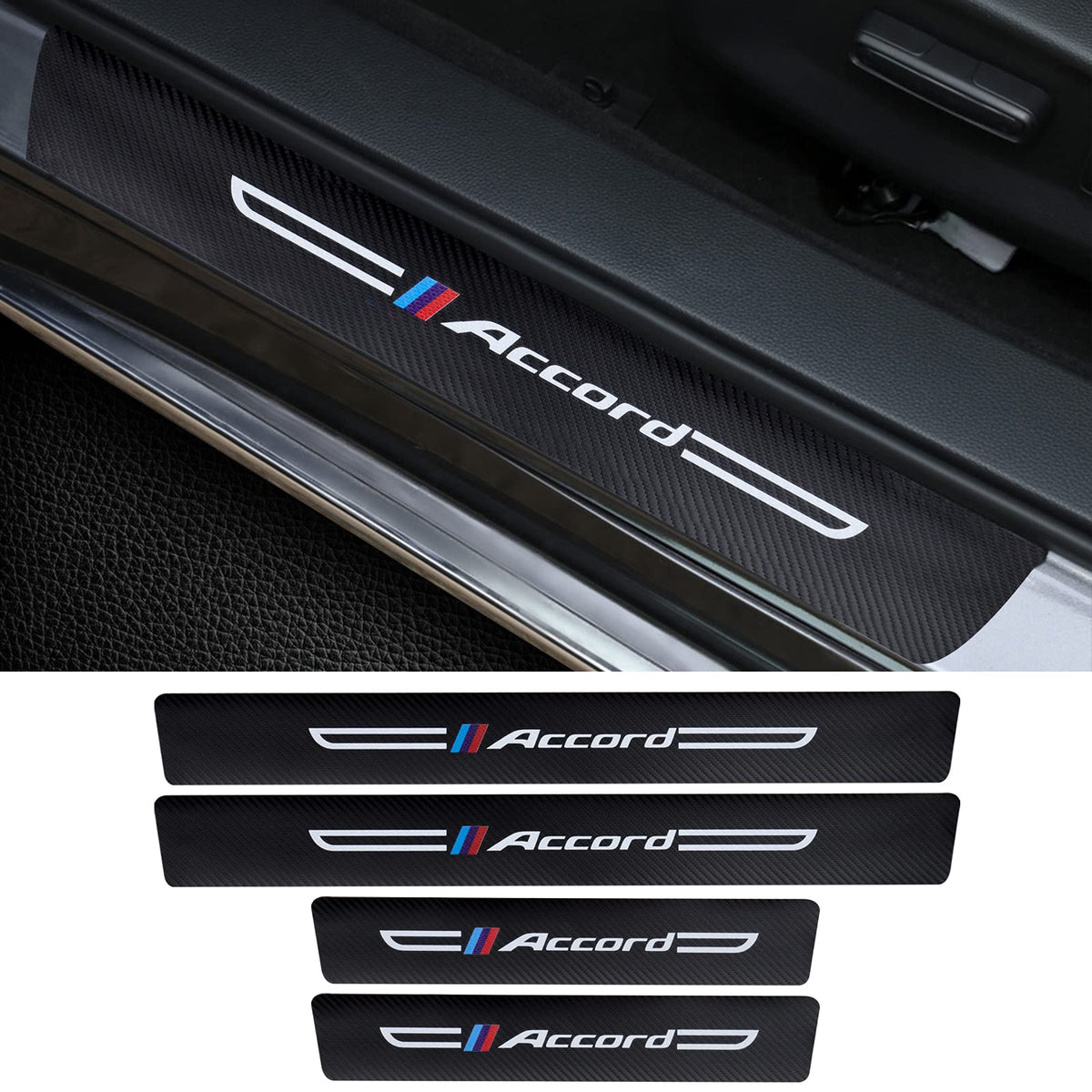 4PCS Carbon Fiber & Textured Leather Car Door Sill Protectors, - Product Imagery