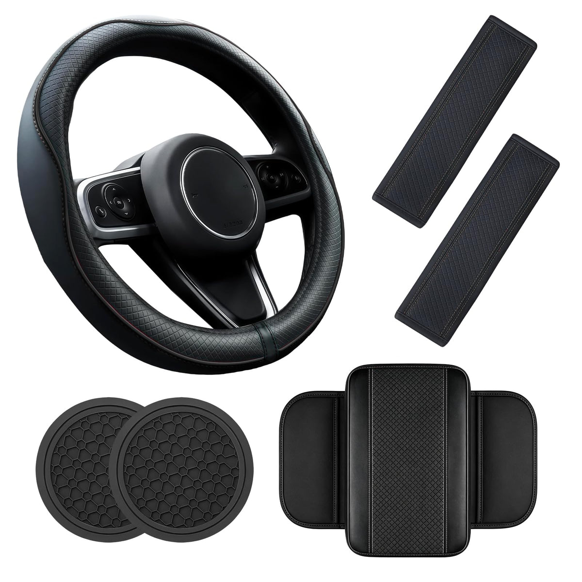 6 PCS Car Accessories Set, 14.5-15 Inch Car Steering Wheel - Product Imagery