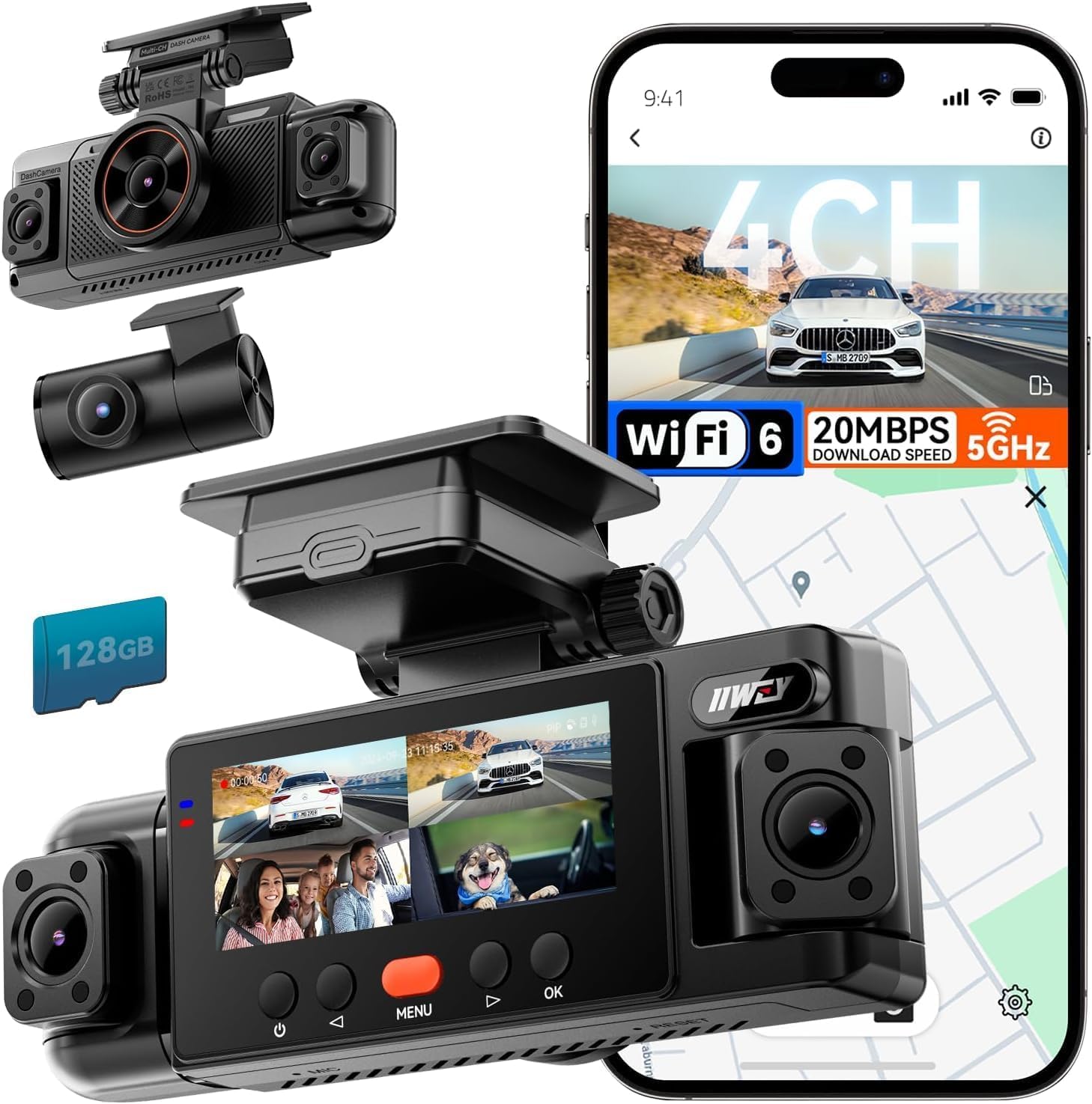 IIWEY N6 360° Dash Cam 4 Channel, Free 128GB Card, 8 IR Lights - Product Imagery