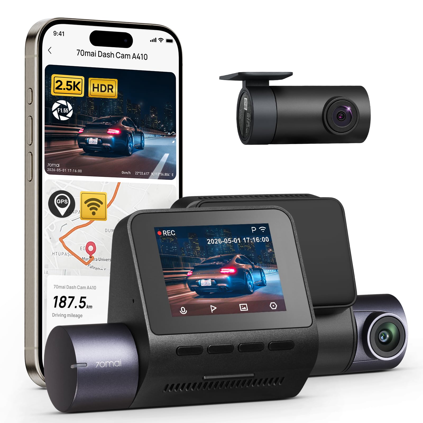 70mai Dash Cam Front and Rear - 2.5K+1080P Dual Dash Camera with - Product Imagery
