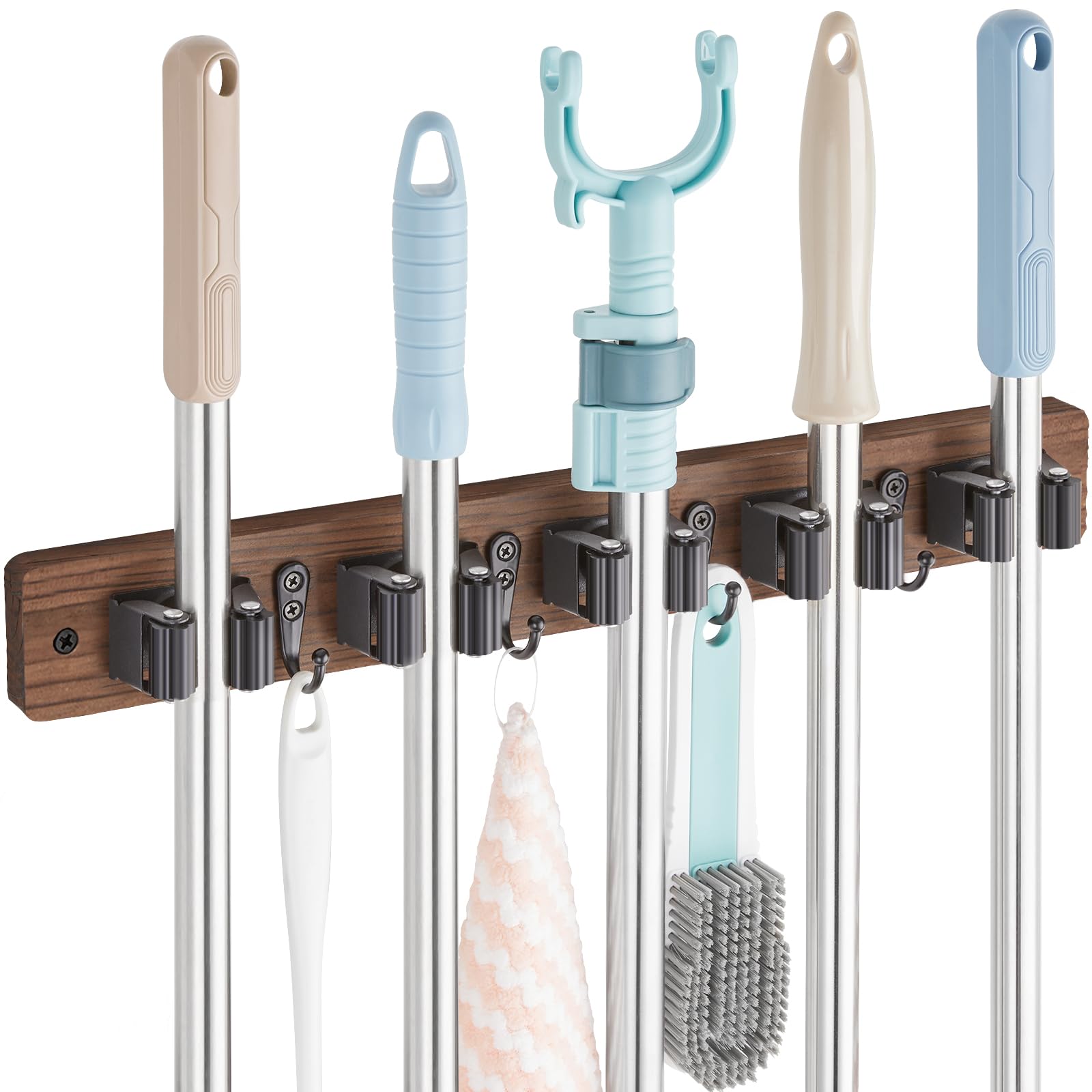 OUTNILI Mop and Broom Holder Wall Mount - Wood Broom Mop Hanger - Product Imagery
