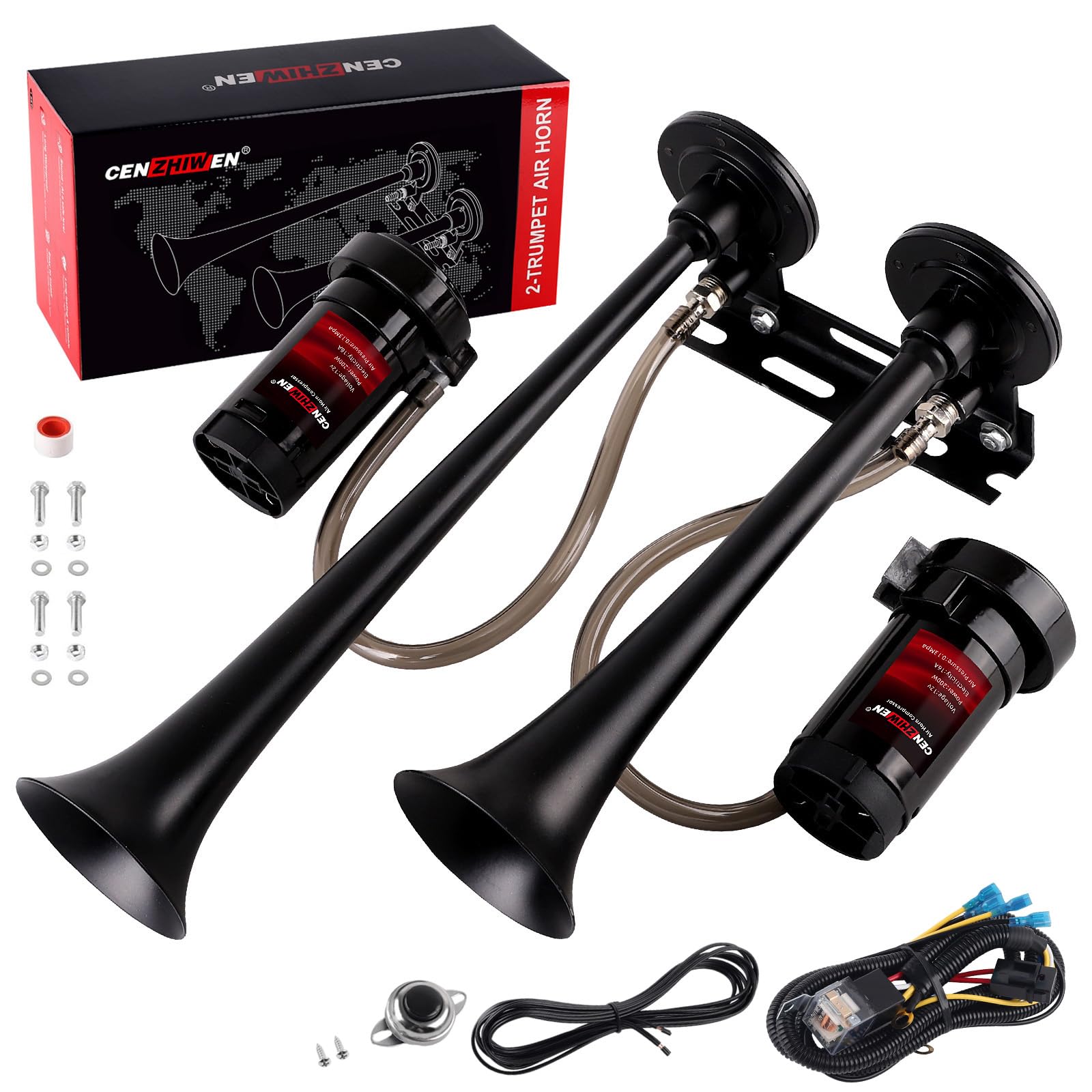 12V Dual 2-Trumpet Metal Air Horn for Truck with 2 Compressors - Product Imagery