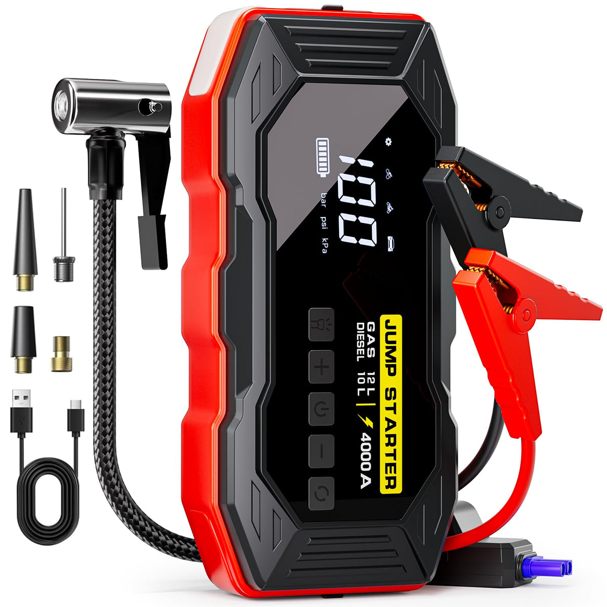 Jump Starter with Air Compressor 4000A Portable Car Battery Jump - Product Imagery