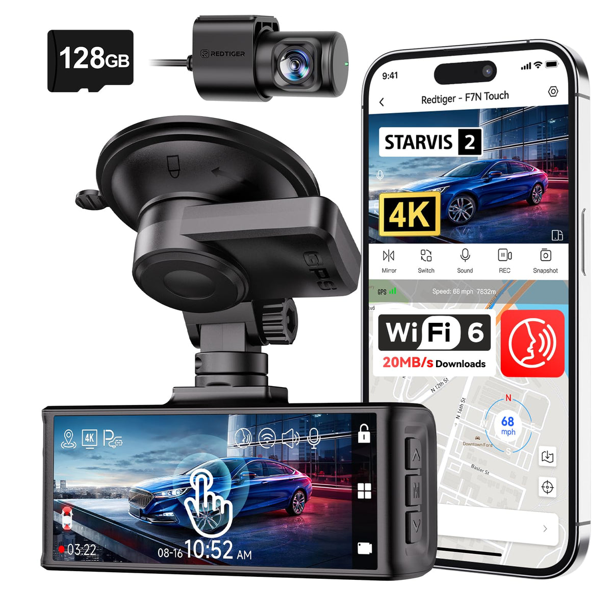 REDTIGER 4K STARVIS 2 Dashcam Front Rear, 5GHz WiFi 20MB/s, Free - Product Imagery