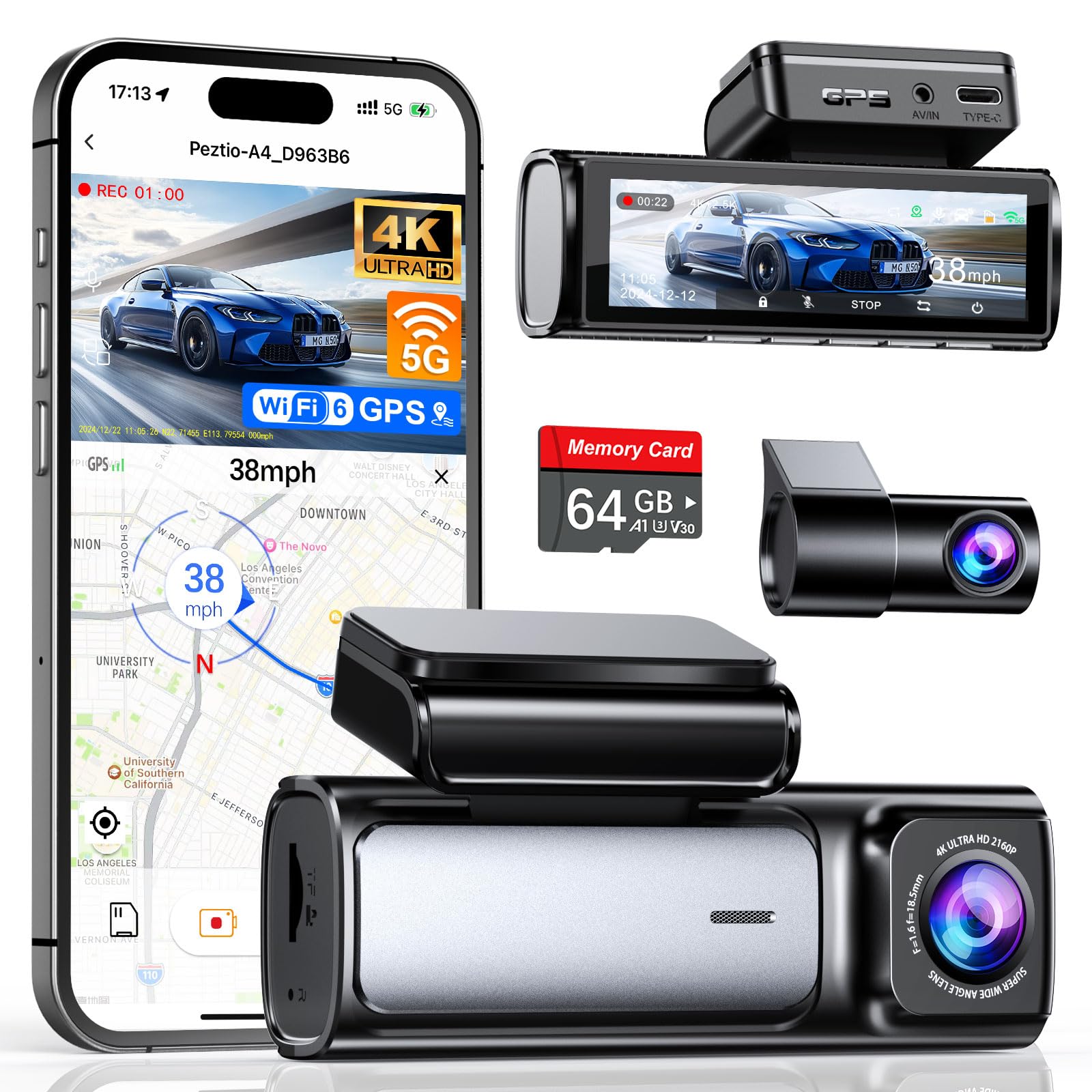 Affver 4K+2.5K Dash Cam Front and Rear, Built-in 5G WiFi 6 GPS - Product Imagery