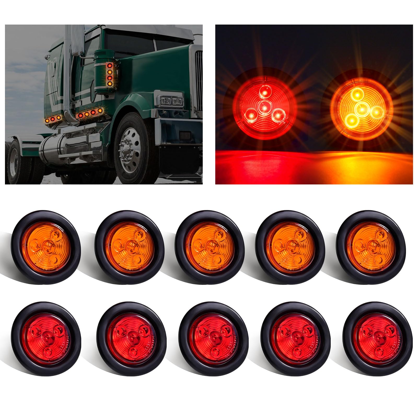 10Pack(5 Amber + 5 Red) 2" 4LED Round Trailer Side Marker Light - Product Imagery