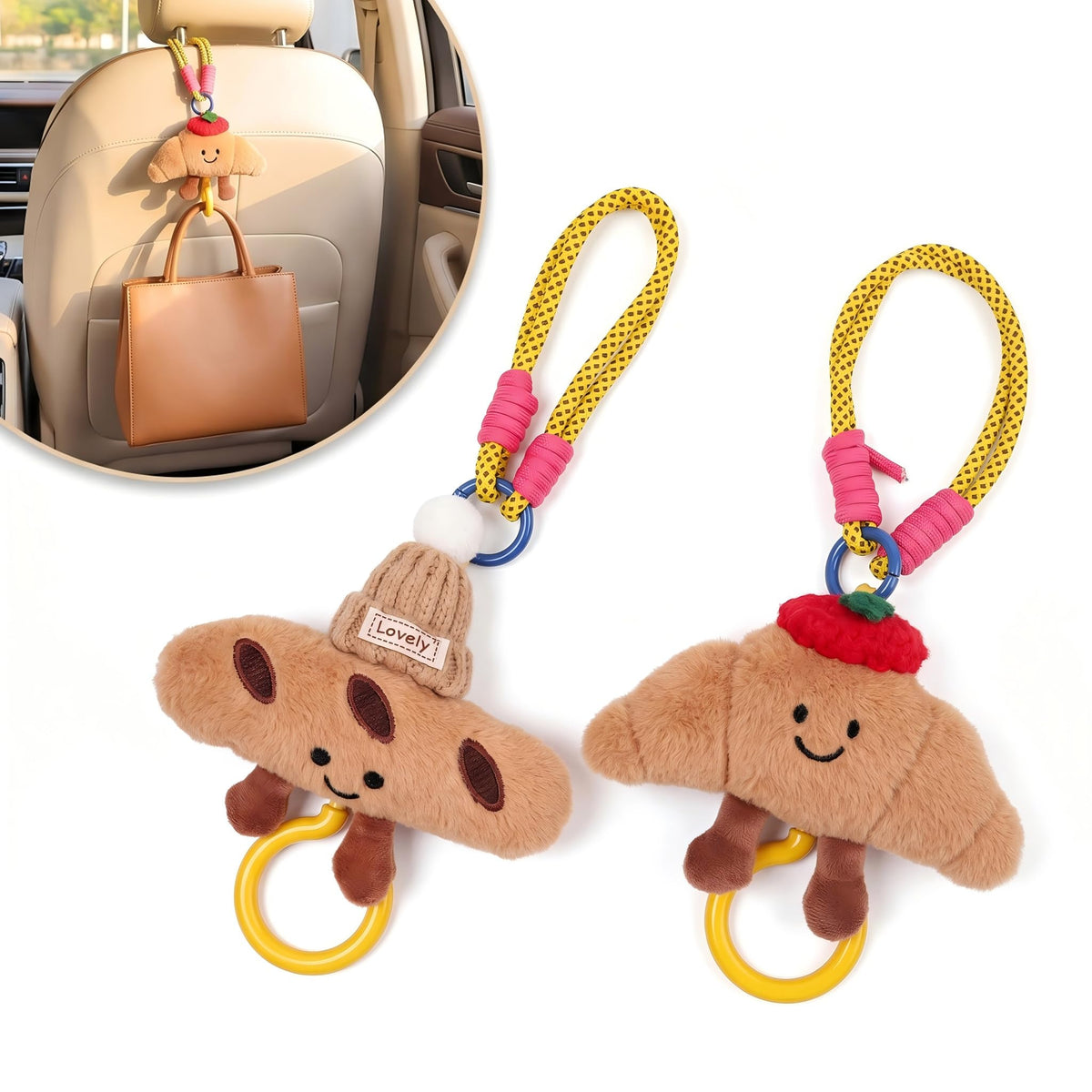 2 PCS Car Seat Headrest Hook, Croissant Baguette Shapes Storage - Product Imagery