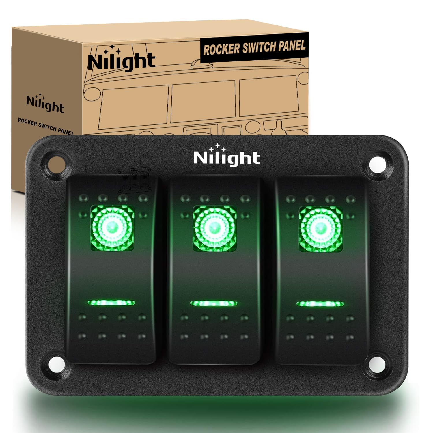 Nilight 3 Gang Rocker Switch Panel SPST On Off 5PIN Electrical - Product Imagery