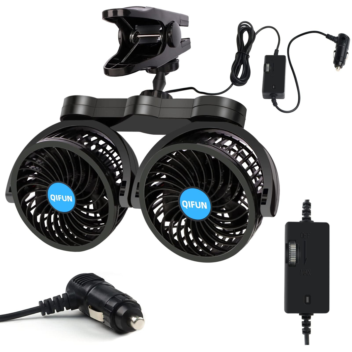 QIFUN Car Fan Adjustable Dual Head 12V 360° Rotatable 4 Inches - Product Imagery