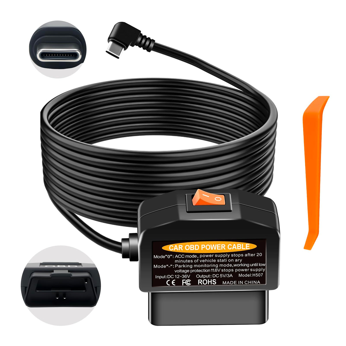 OBD2 to USB C Power Adapter for Dash Cam, Hardwire Kit with - Product Imagery