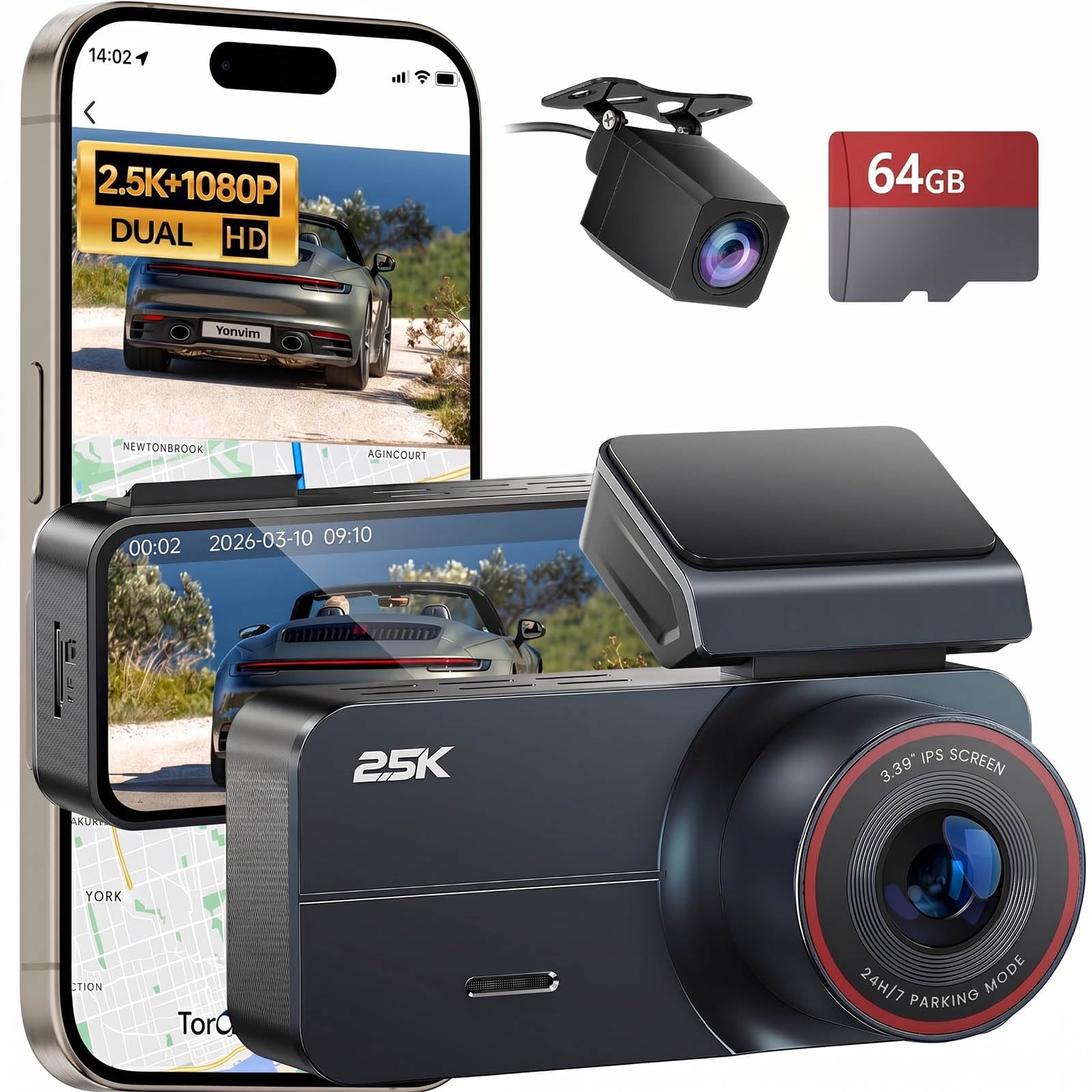 Dash Cam 2.5K Front Rear 64GB WiFi GPS 160° Night Vision - Product Imagery
