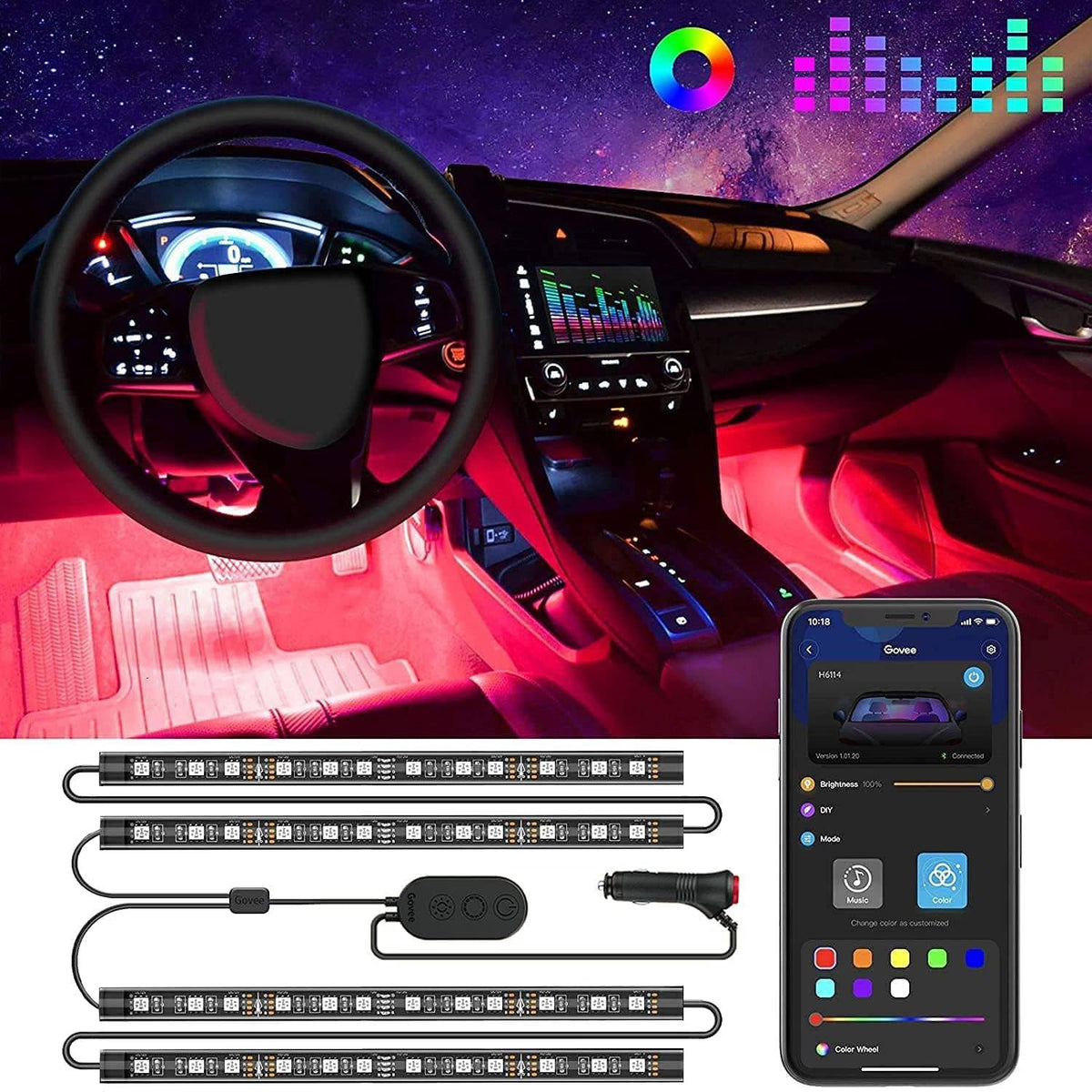 Govee Car LED Lights, RGB Smart Car Interior Lights, App Control - Product Imagery