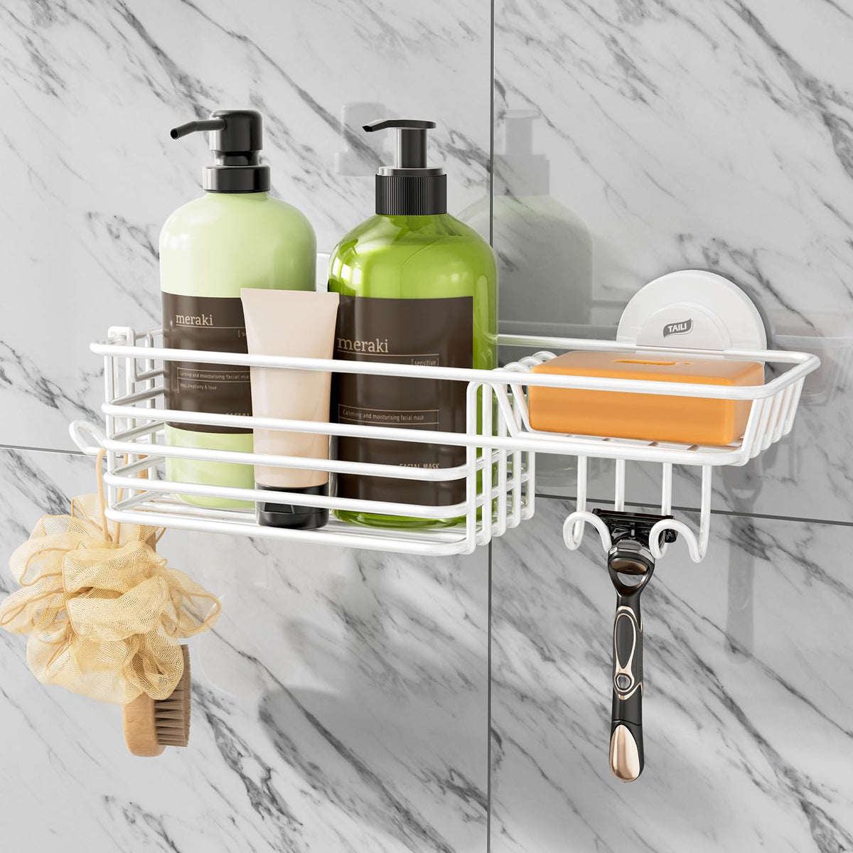 TAILI Shower Caddy Suction Cup with Hooks, No Drill Shower - Product Imagery
