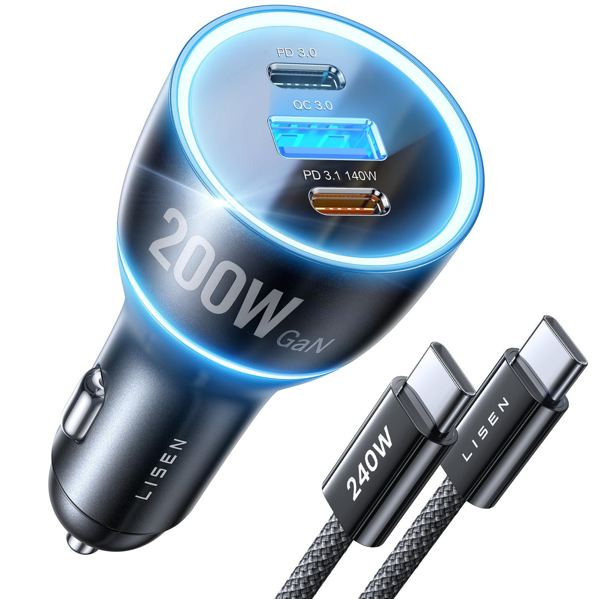 LISEN 200W Car Charger USB C Fast Charge [GaN] PD 140W Fast Car - Product Imagery