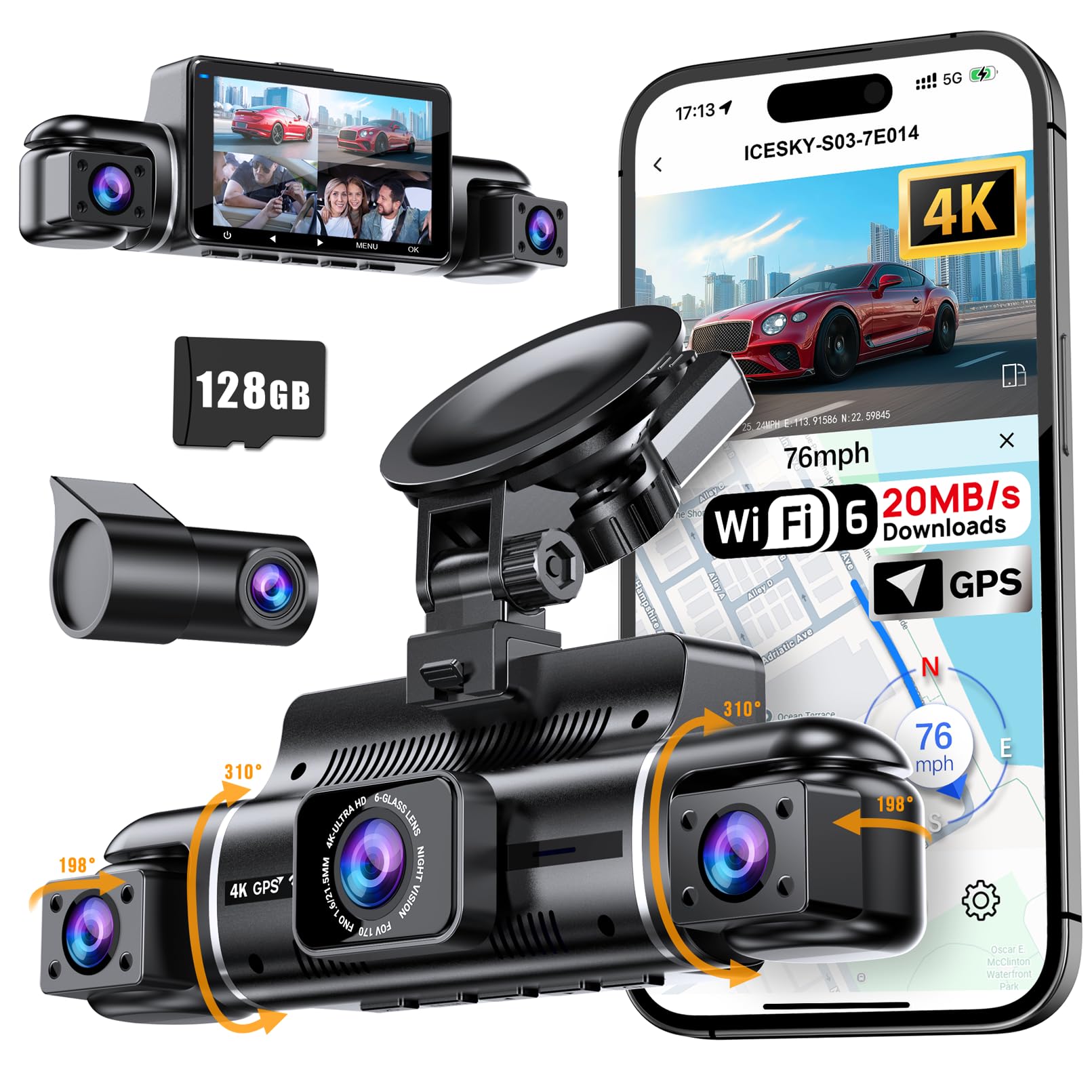 Icesky 4K Dash Cam Front and Rear Left Right with GPS, 20MB/s - Product Imagery