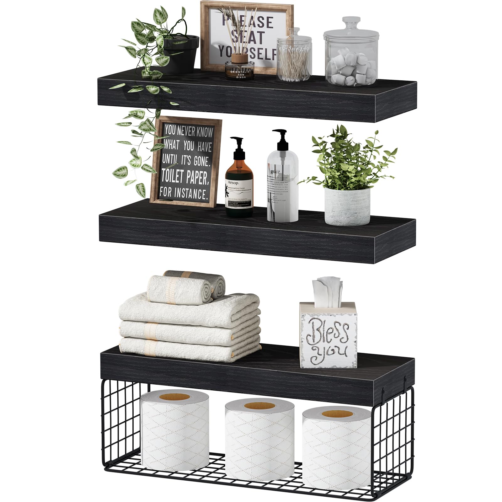 QEEIG Bathroom Shelves Over Toilet Wall Mounted (Black, Set of - Product Imagery