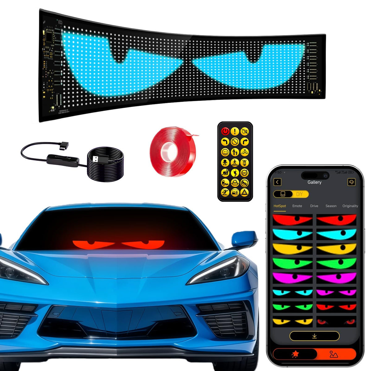 Programmable LED Sign for Car -14''x4'' Flexible USB 5V Digital - Product Imagery