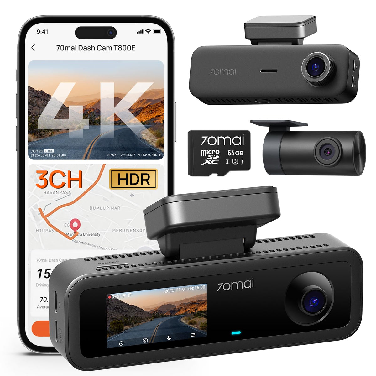70mai 4K Dash Cam Front and Rear Inside, 3 Channel Car Dash - Product Imagery