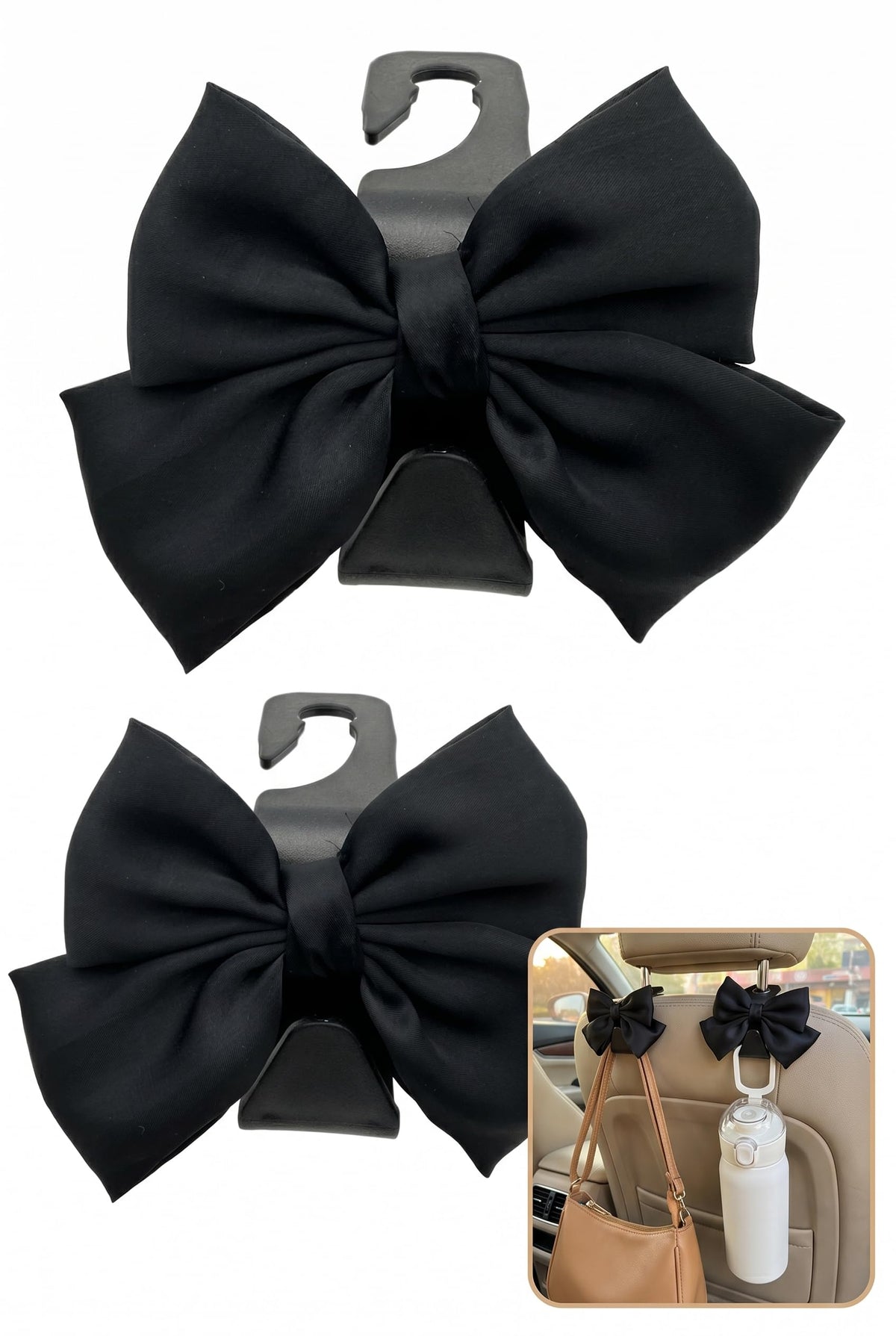 2 PCS Car Headrest Hook with Bow, Rear Car Seat Storage Hook, - Product Imagery