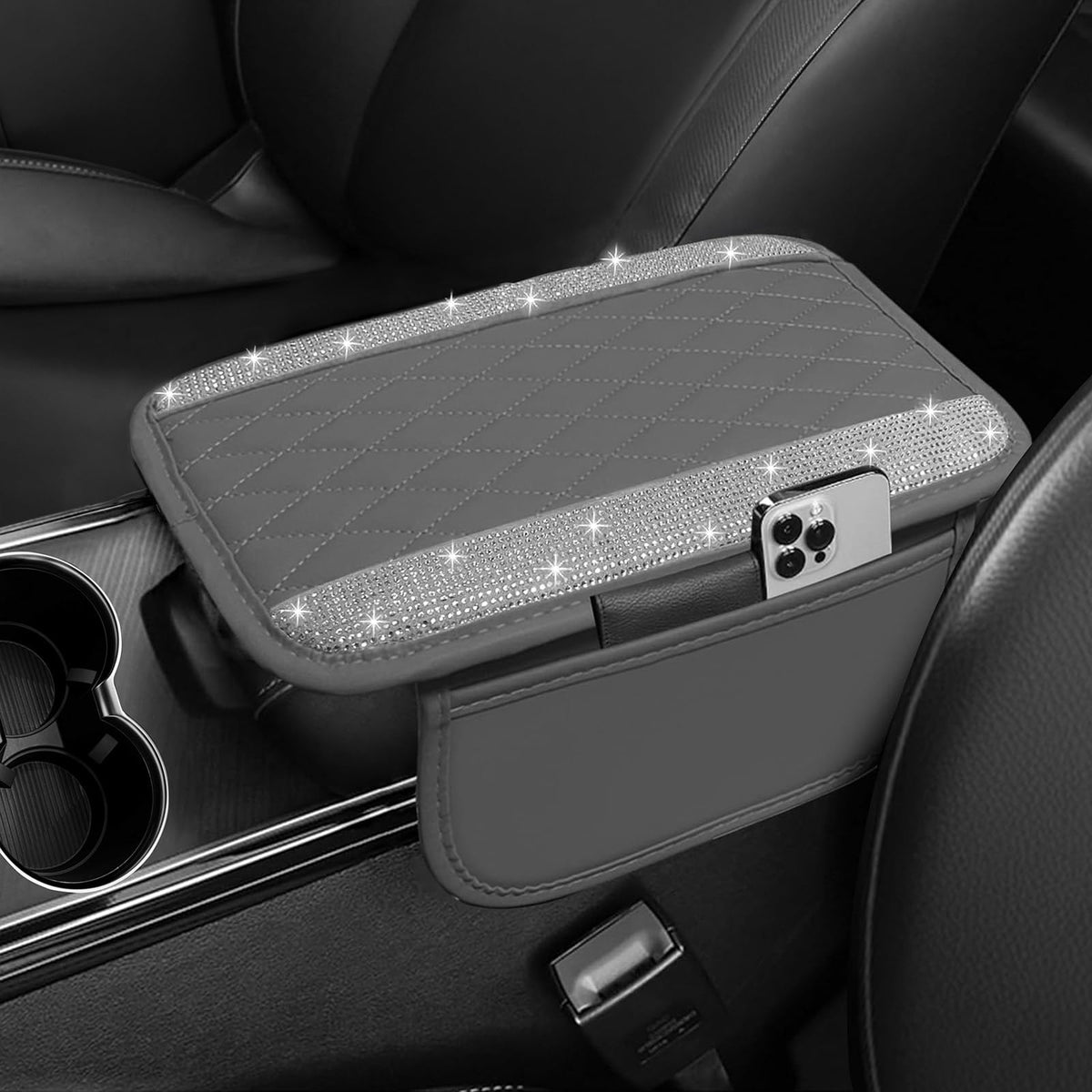 NBTEPEM Bling Grey Car Center Console Cover, Leather Car Arm - Product Imagery