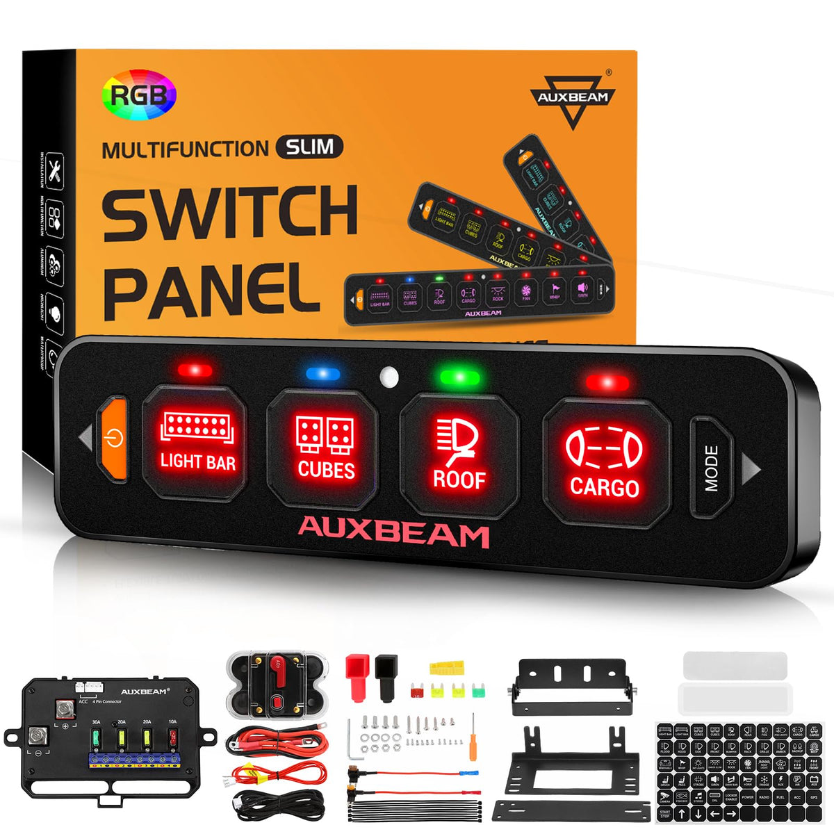 Auxbeam 4 Gang Slim Switch Panel RGB AS-R40 Auto-Dimmable - Product Imagery