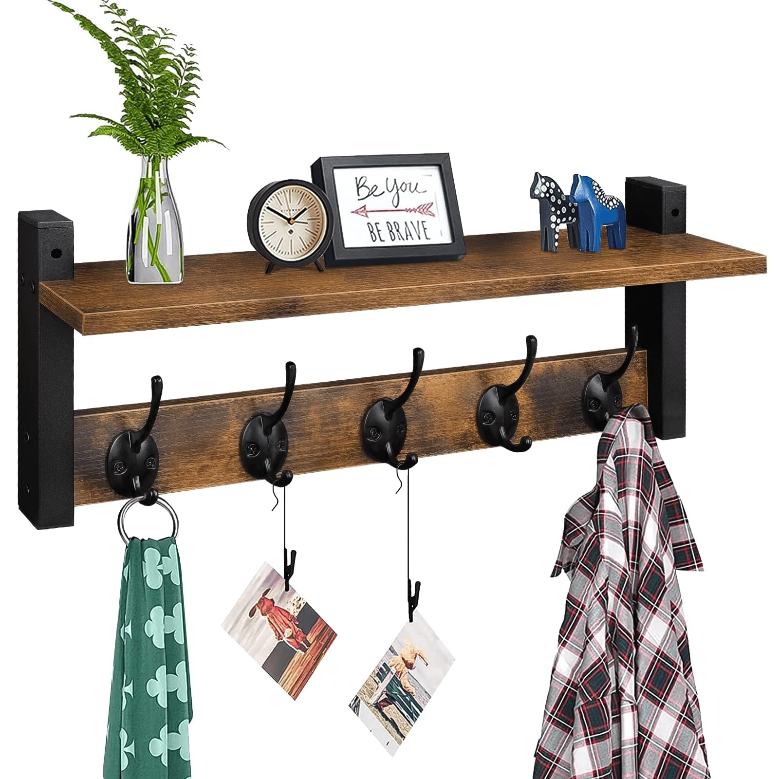 Homode Wall Hooks with Shelf, Wood Coat Rack with Shelf - Product Imagery