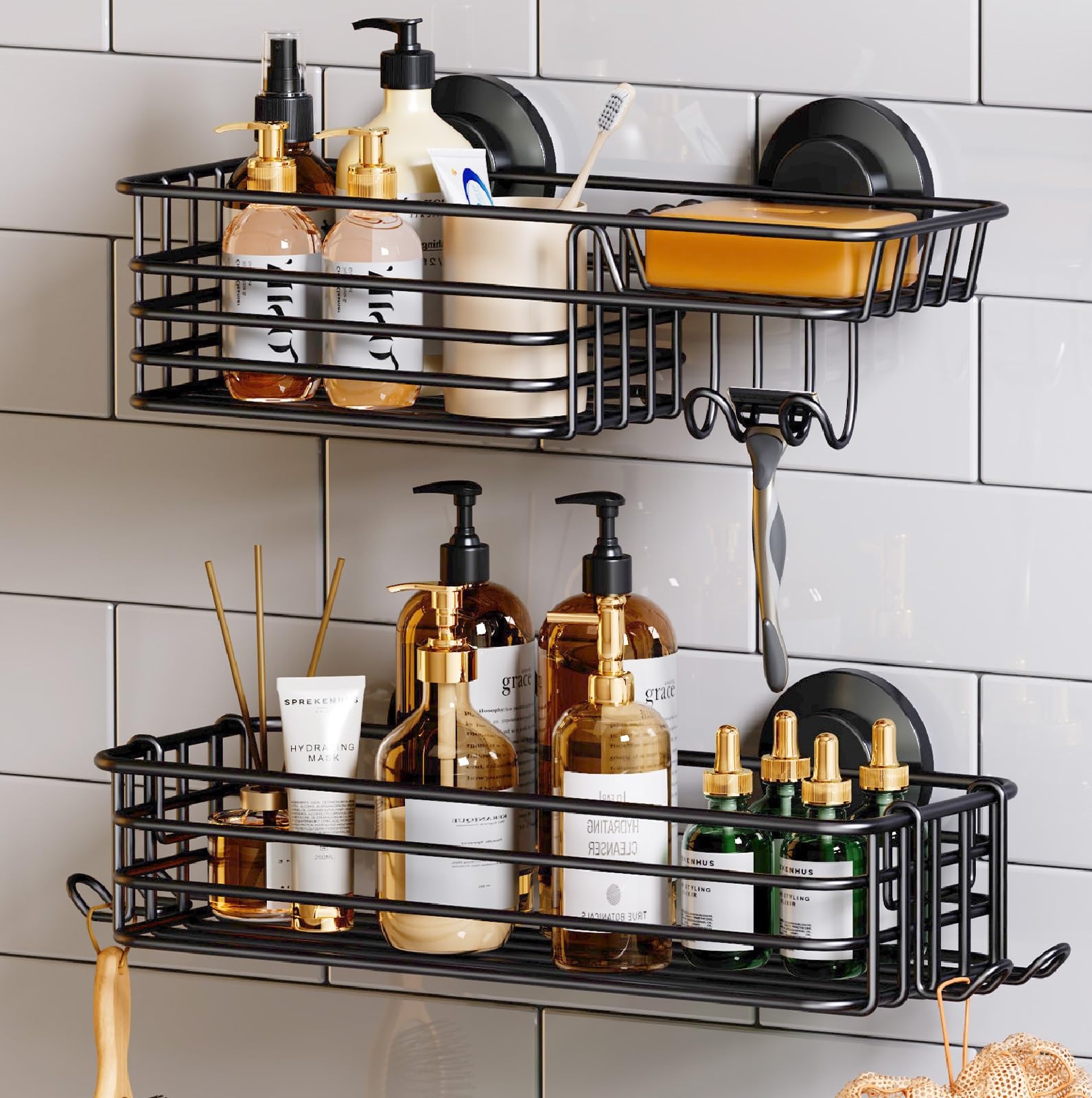 TAILI Shower Caddy Suction Cup 2 Pack with Hooks & Soap holder, - Product Imagery