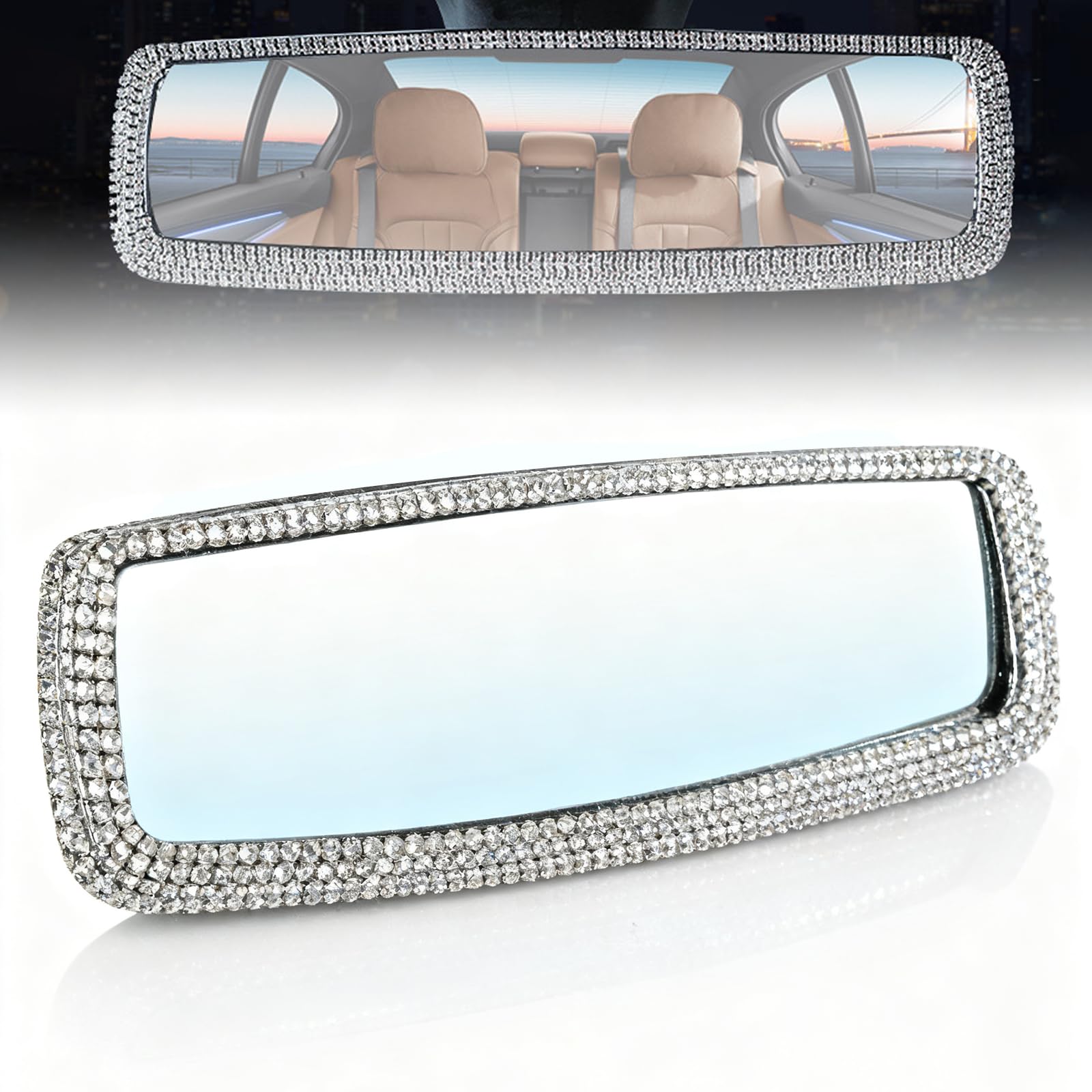 Bling Rhinestone Rearview Mirror, Clip-On Car Panoramic Rear - Product Imagery